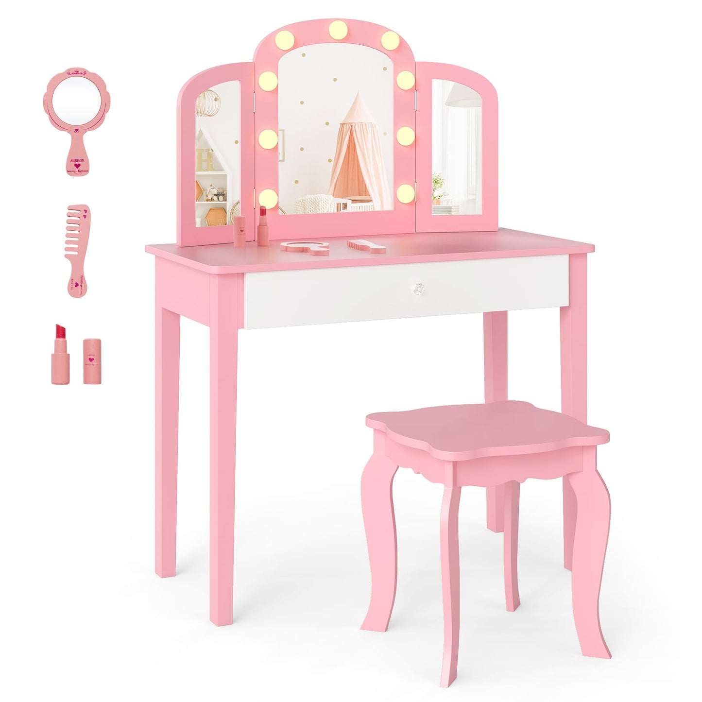Kids Vanity Table with Mirror and Lights Princess Makeup Vanity Desk-White