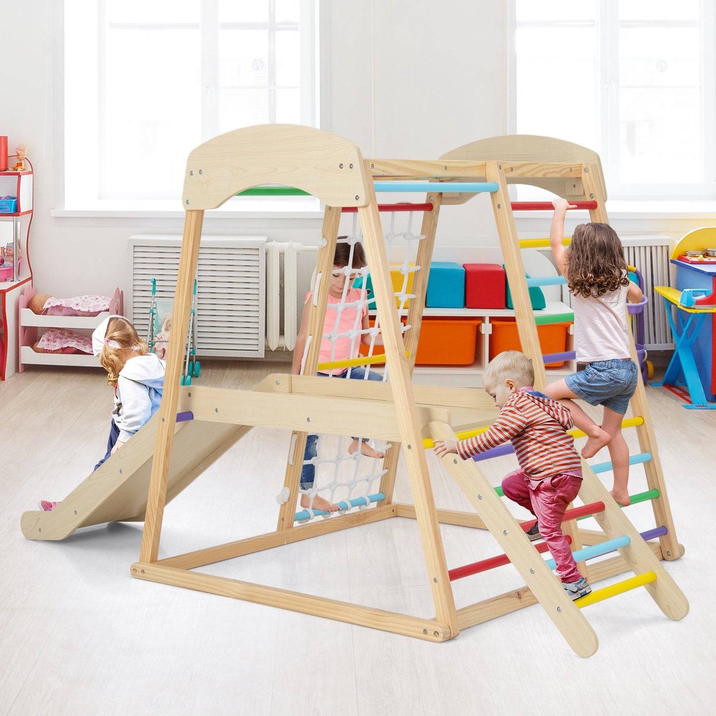 6-in-1 Indoor Jungle Gym Kids Wooden Playground Climber Playset-Multicolor