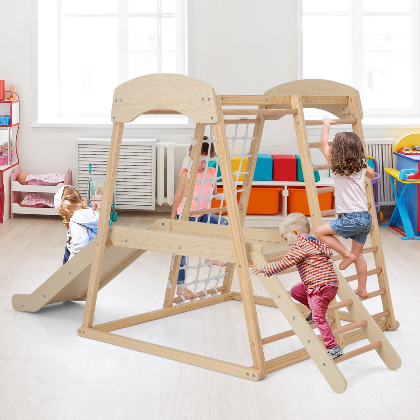 6-in-1 Indoor Jungle Gym Kids Wooden Playground Climber Playset-Multicolor