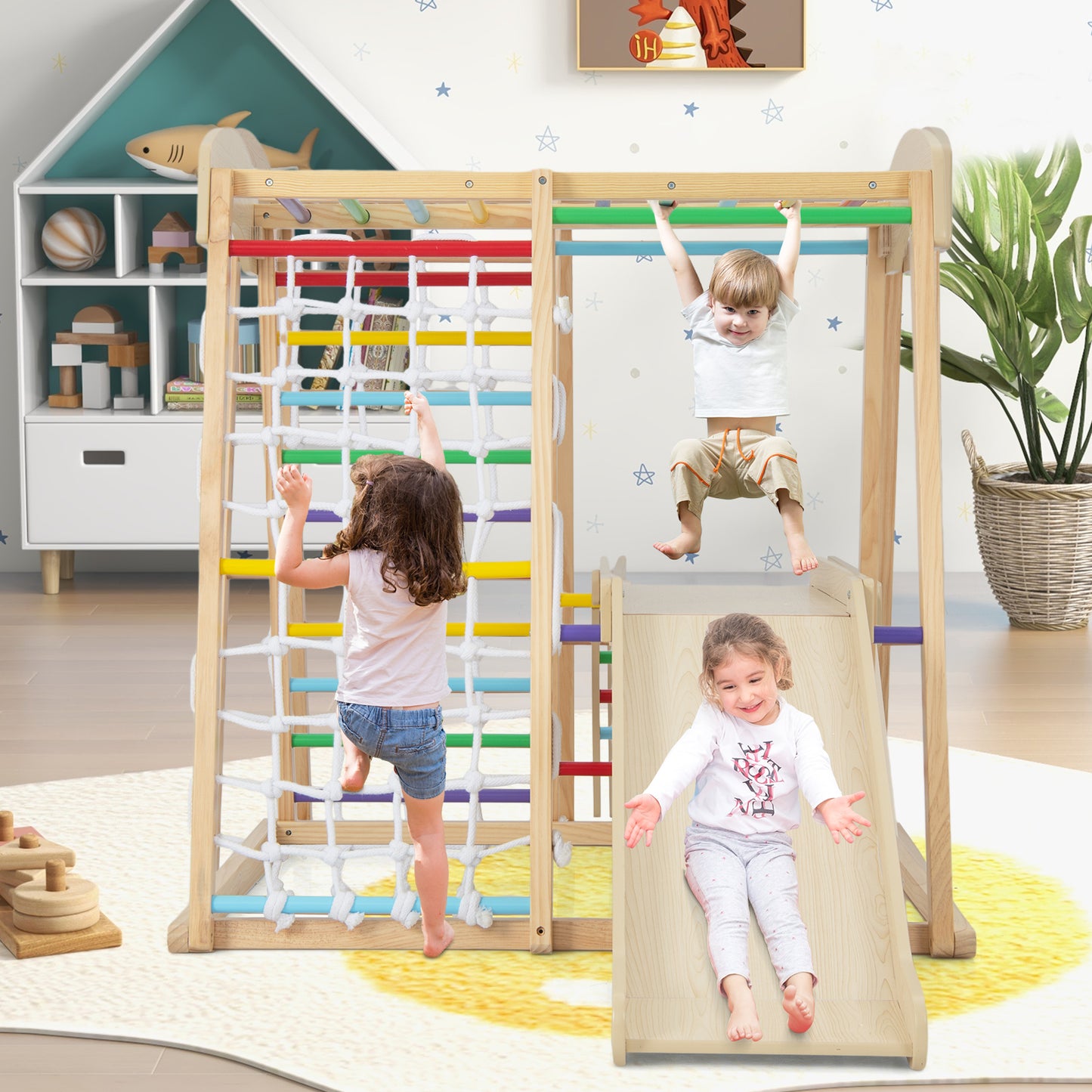 6-in-1 Indoor Jungle Gym Kids Wooden Playground Climber Playset-Multicolor