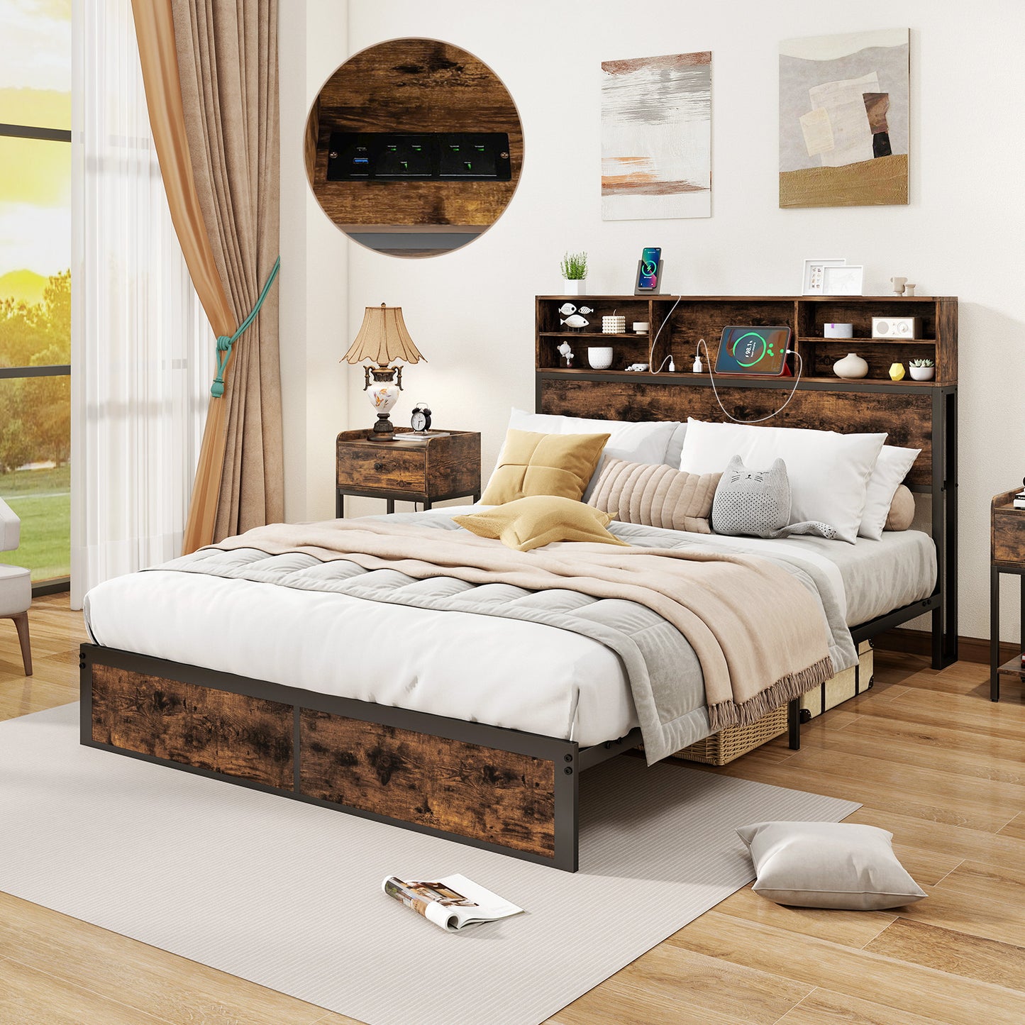 King Size Bed Frame with Charging Station and Storage Headboard-Double Size