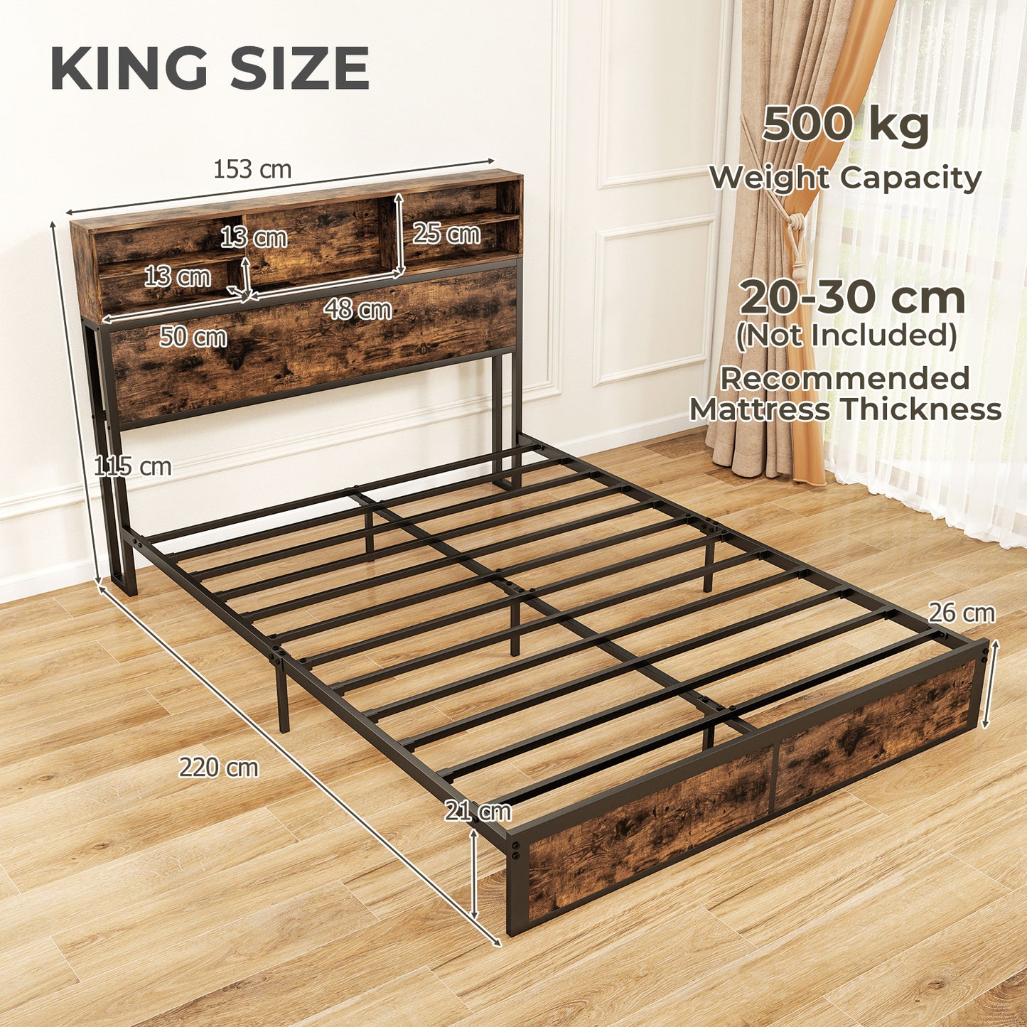 King Size Bed Frame with Charging Station and Storage Headboard-Double Size