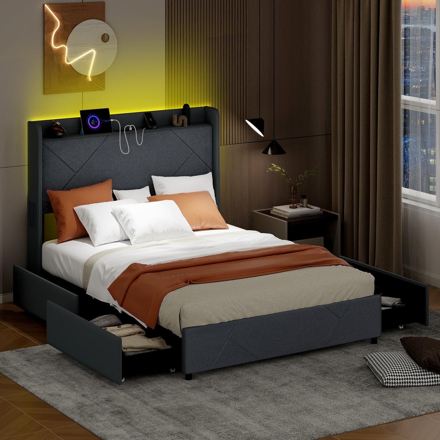 Double/King Size Bed Frame with LED Lights and Charging Station-King Size