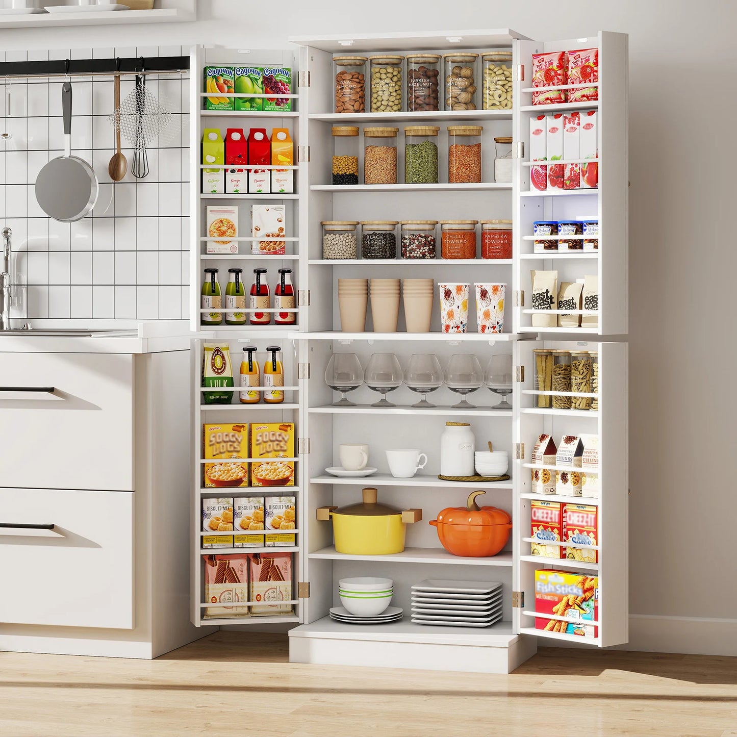 Kitchen Pantry Cabinet Freestanding Tall Buffet Cupboard with Cabinets-White