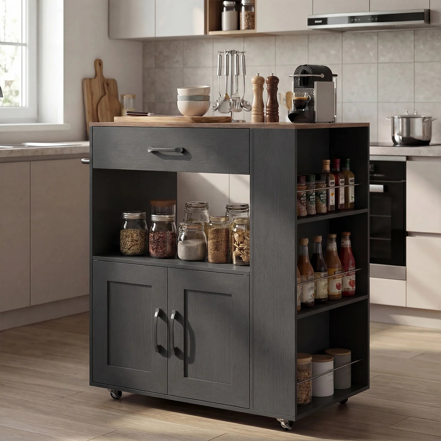 Kitchen Island Cart with Storage Rolling Kitchen Island on Wheels-Black
