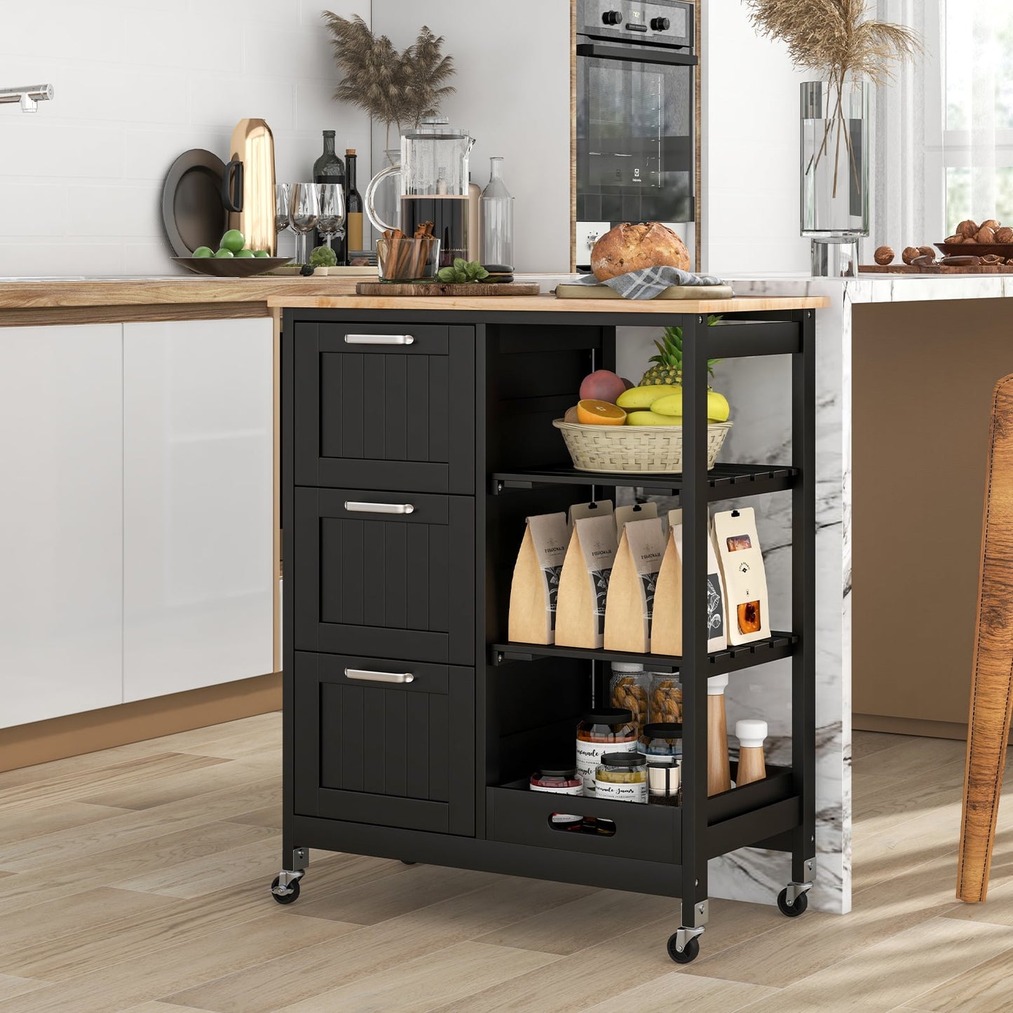 Kitchen Island Rolling Cart Utility Cart on Lockable Wheels with 3 Drawers-Black