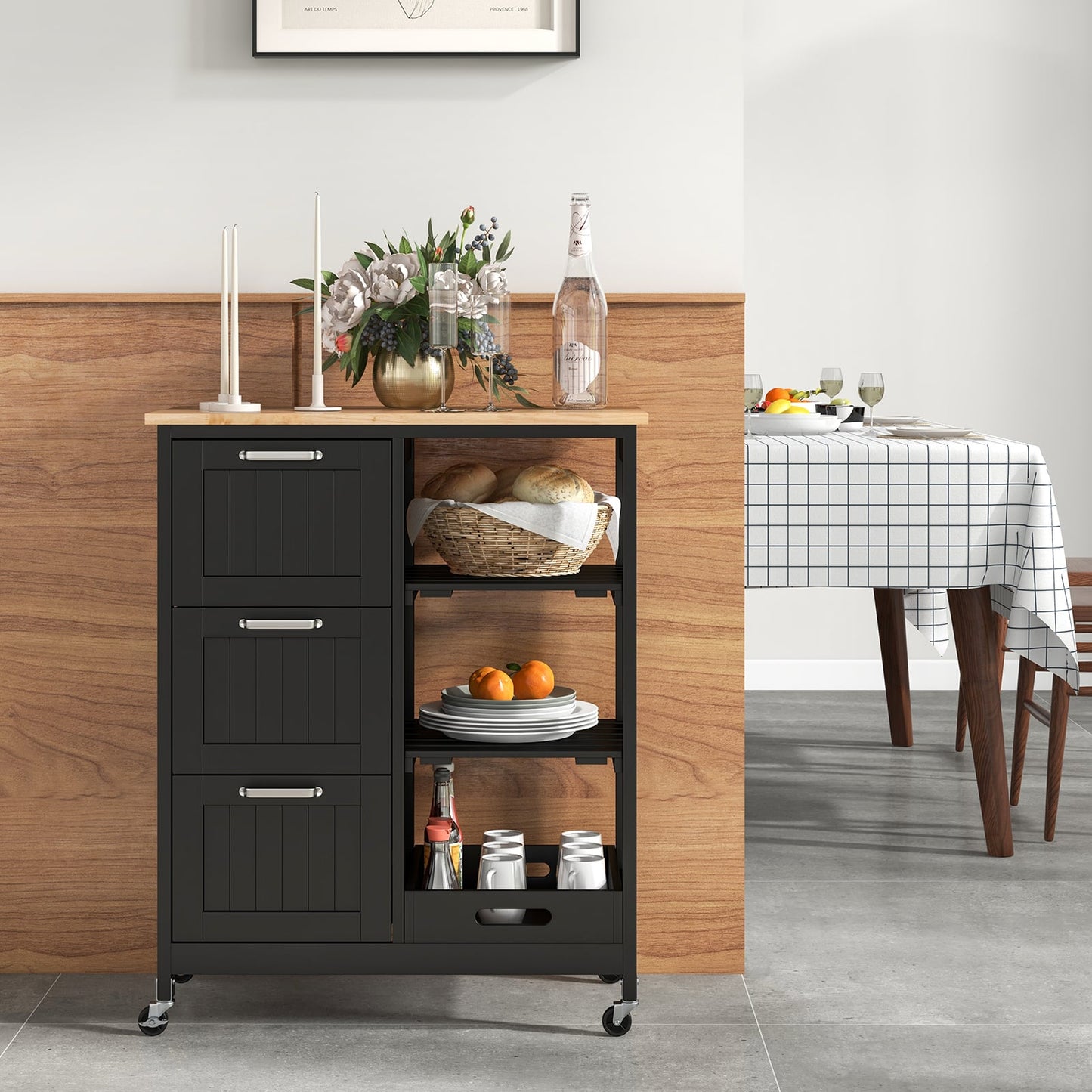 Kitchen Island Rolling Cart Utility Cart on Lockable Wheels with 3 Drawers-Black