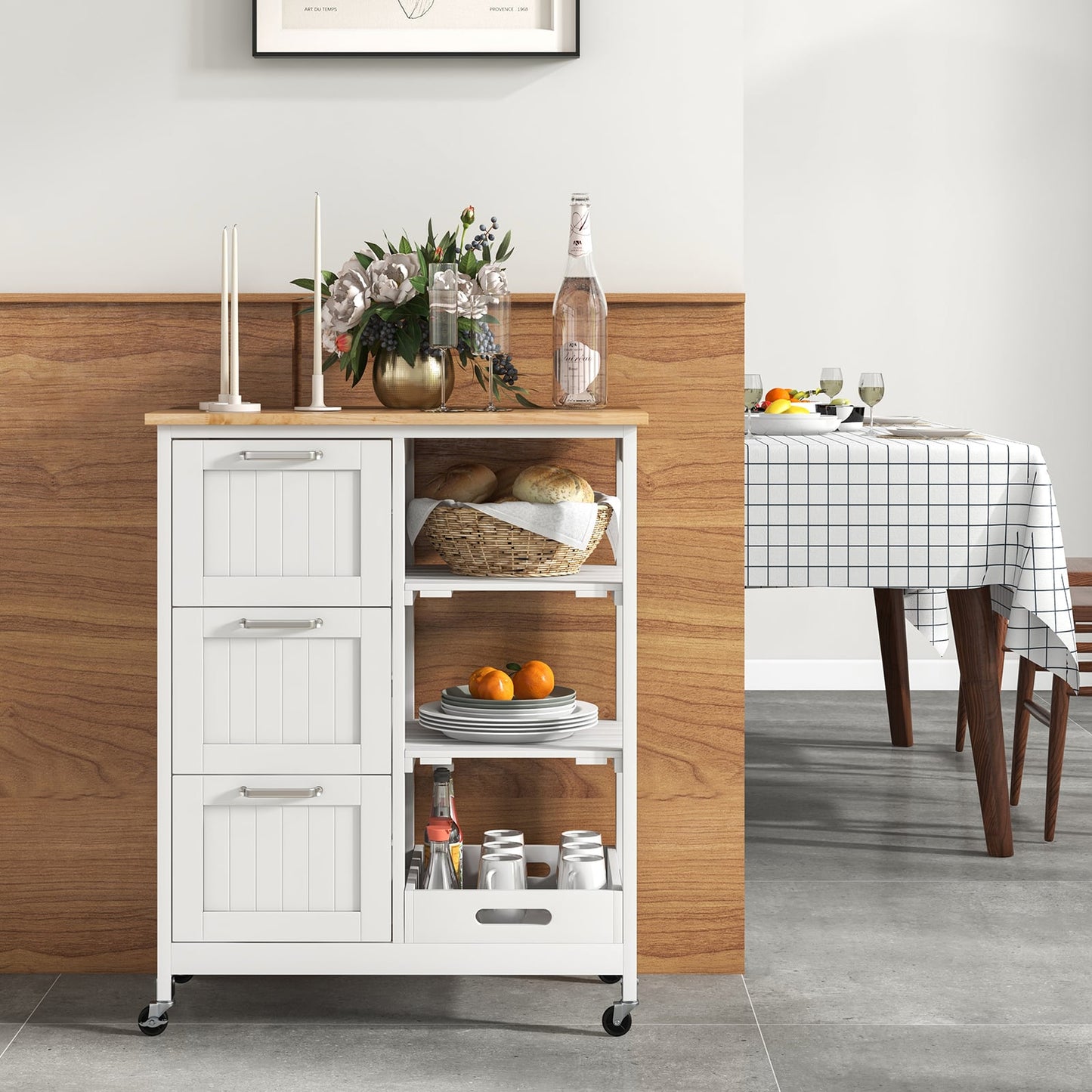 Kitchen Island Rolling Cart Utility Cart on Lockable Wheels with 3 Drawers-Black