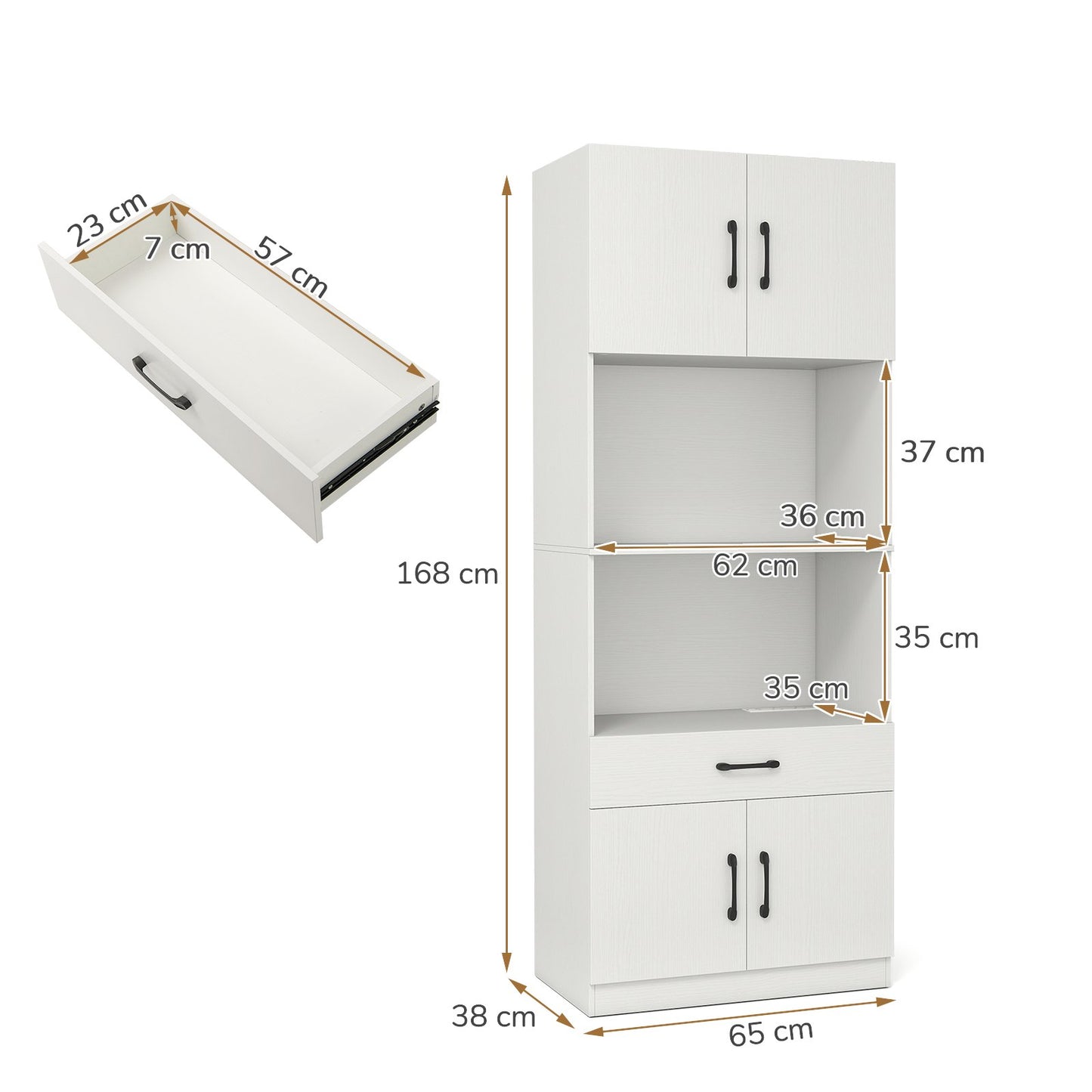 Kitchen Pantry Cabinet with Charging Station 168 cm Tall Cupboard with 4 Doors and 2 Adjustable Shelves-White