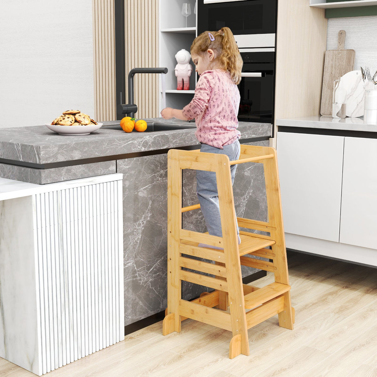 Kitchen Step Stool for Toddlers Montessori Step Stool with Safety Rail-Natural