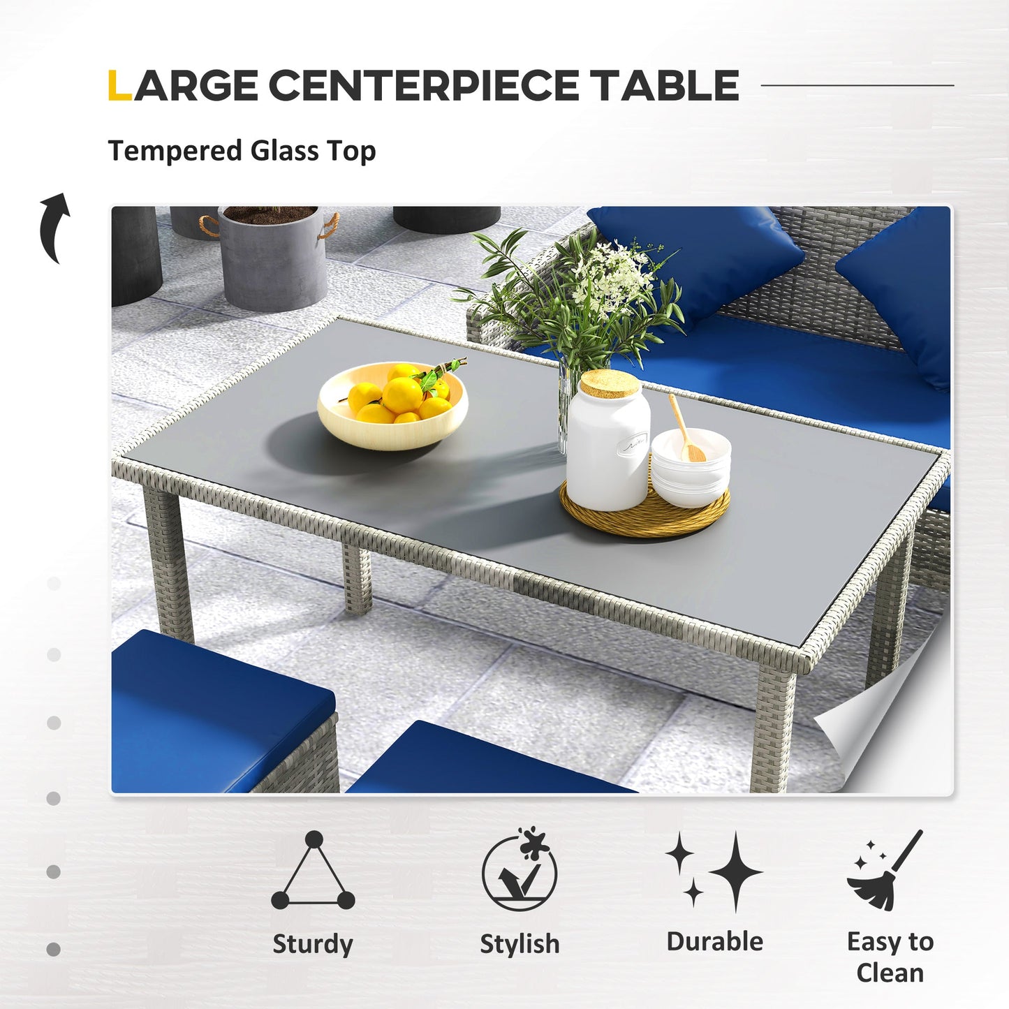 Outsunny 5Pcs Rattan Dining Corner Sofa Set, Garden Furniture Set, Dark Blue