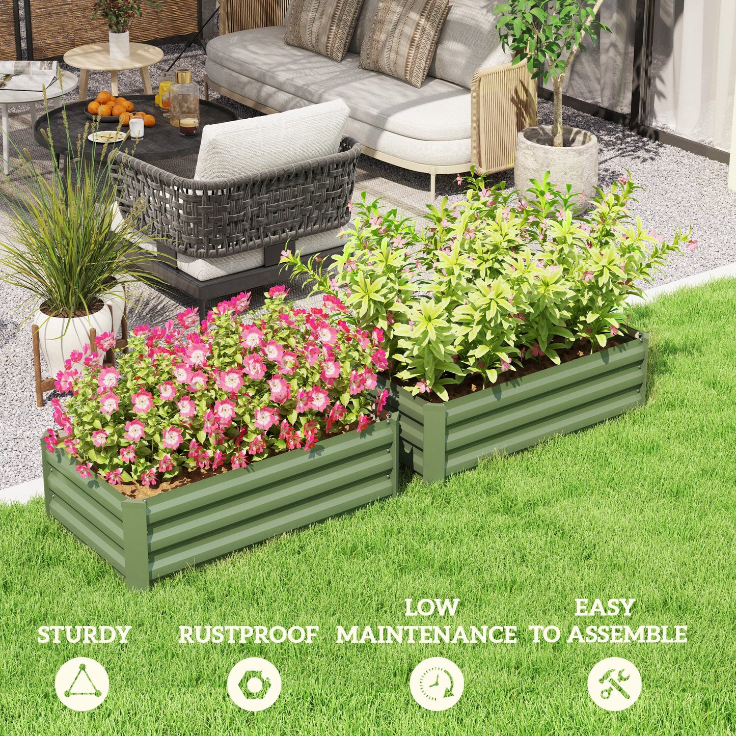 Outsunny Set of 2 Galvanised Raised Garden Bed, Green