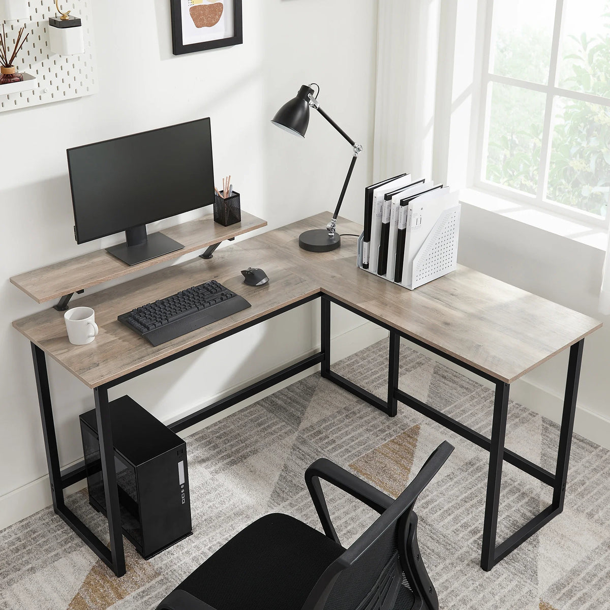 L-Shaped Computer Desk Home Office Corner Workstation with Monitor Stand Modern