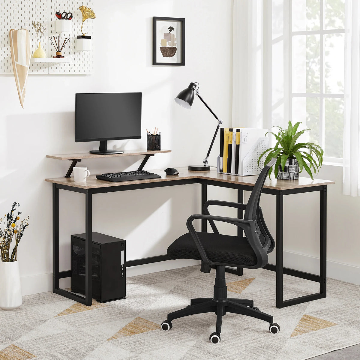 L-Shaped Computer Desk Home Office Corner Workstation with Monitor Stand Modern