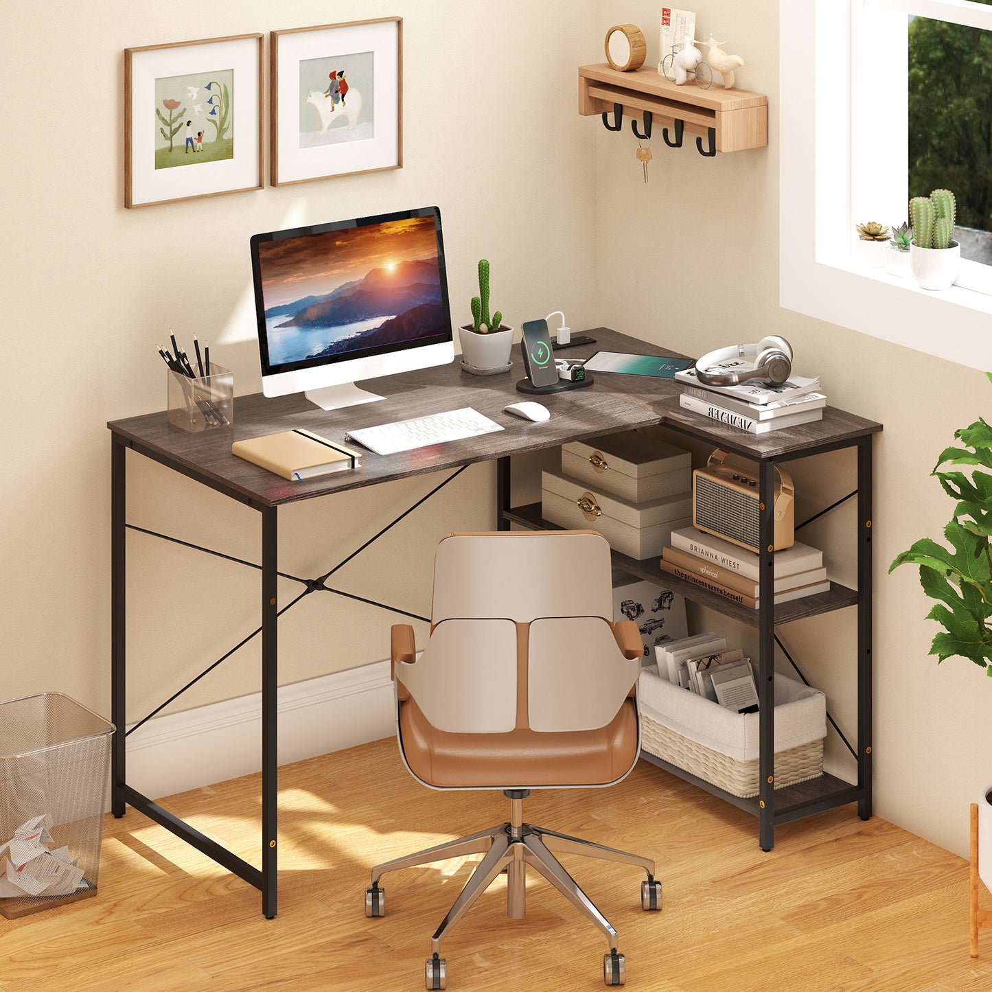 L-shaped Desk with Power Outlet with Reversible Adjustable Storage Shelves-Black