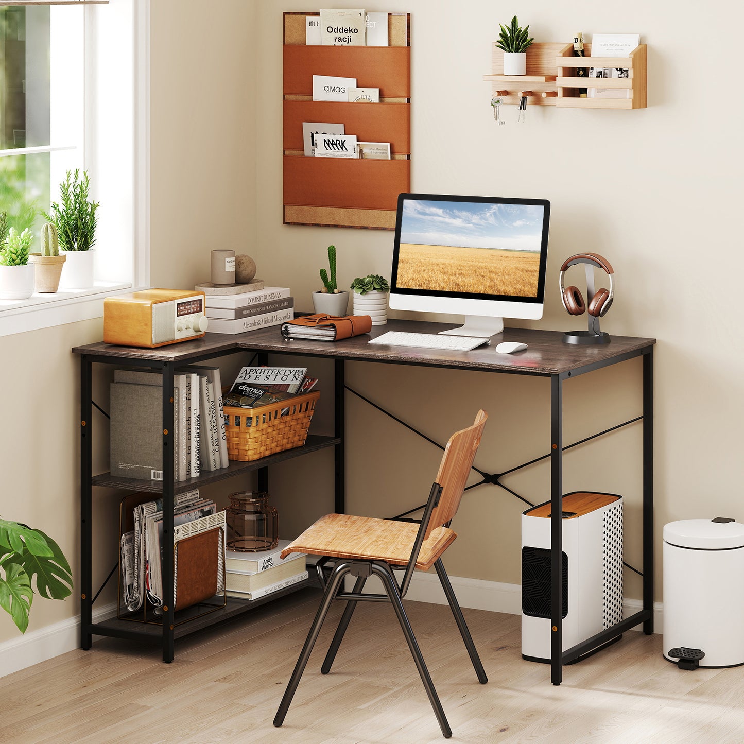 L-shaped Desk with Power Outlet with Reversible Adjustable Storage Shelves-Black