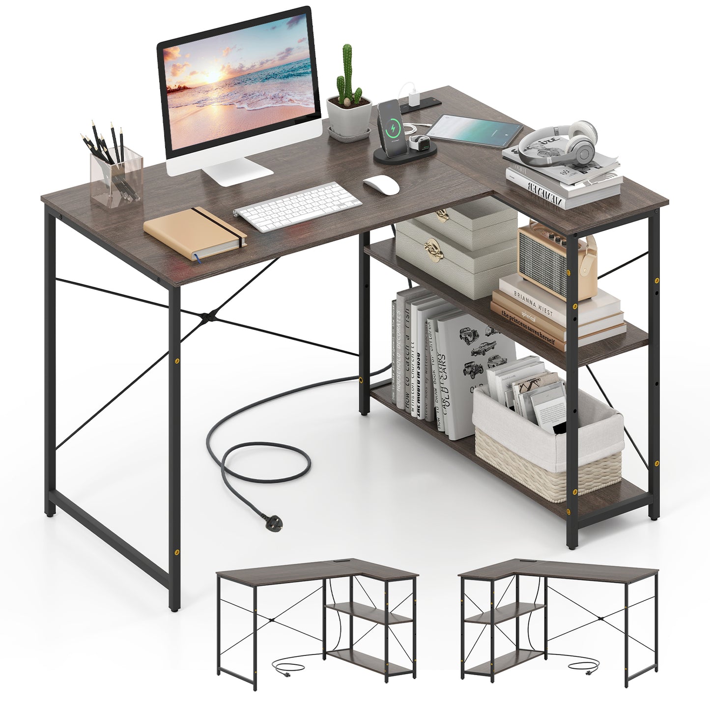 L-shaped Desk with Power Outlet with Reversible Adjustable Storage Shelves-Black