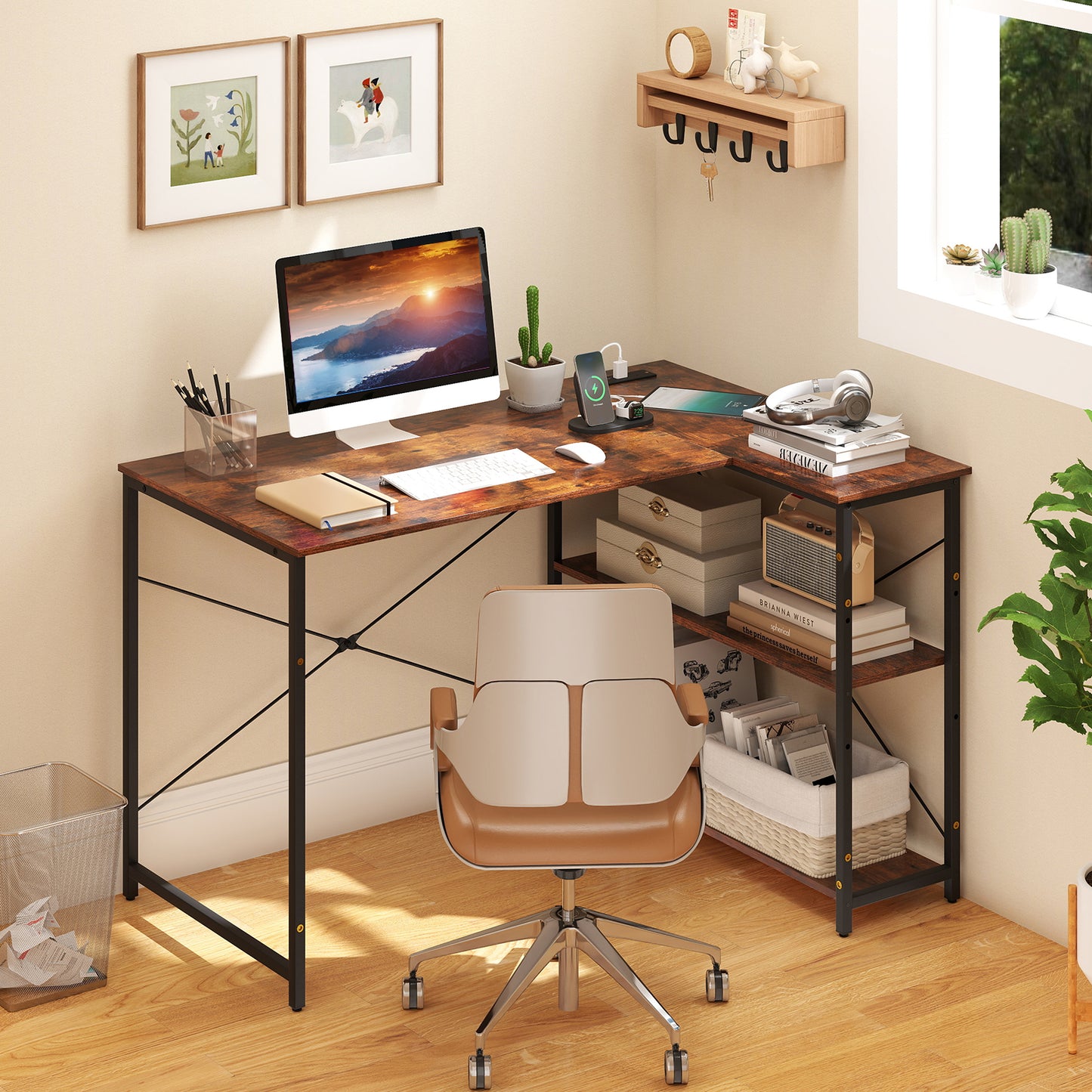 L-shaped Desk with Power Outlet with Reversible Adjustable Storage Shelves-Black