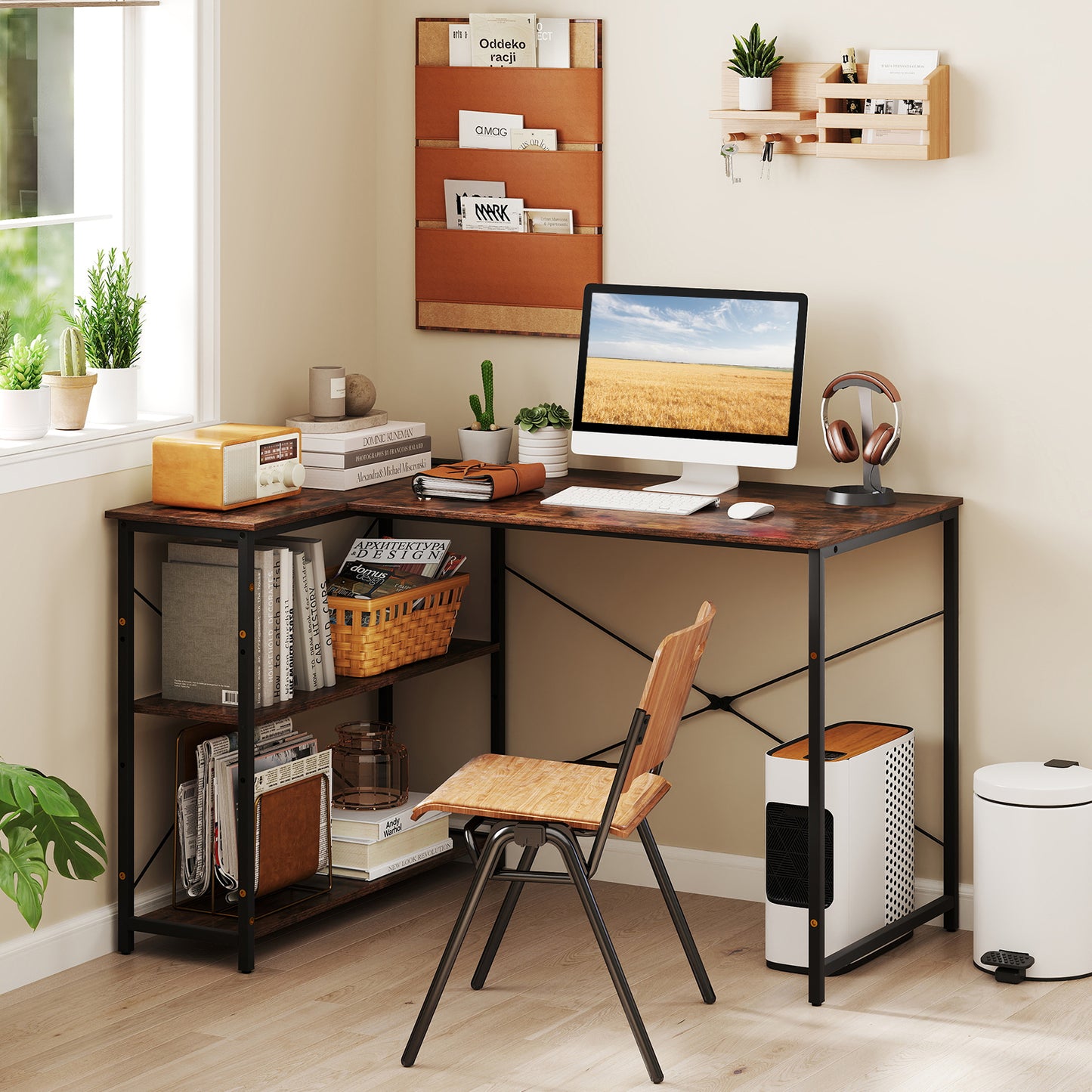 L-shaped Desk with Power Outlet with Reversible Adjustable Storage Shelves-Black
