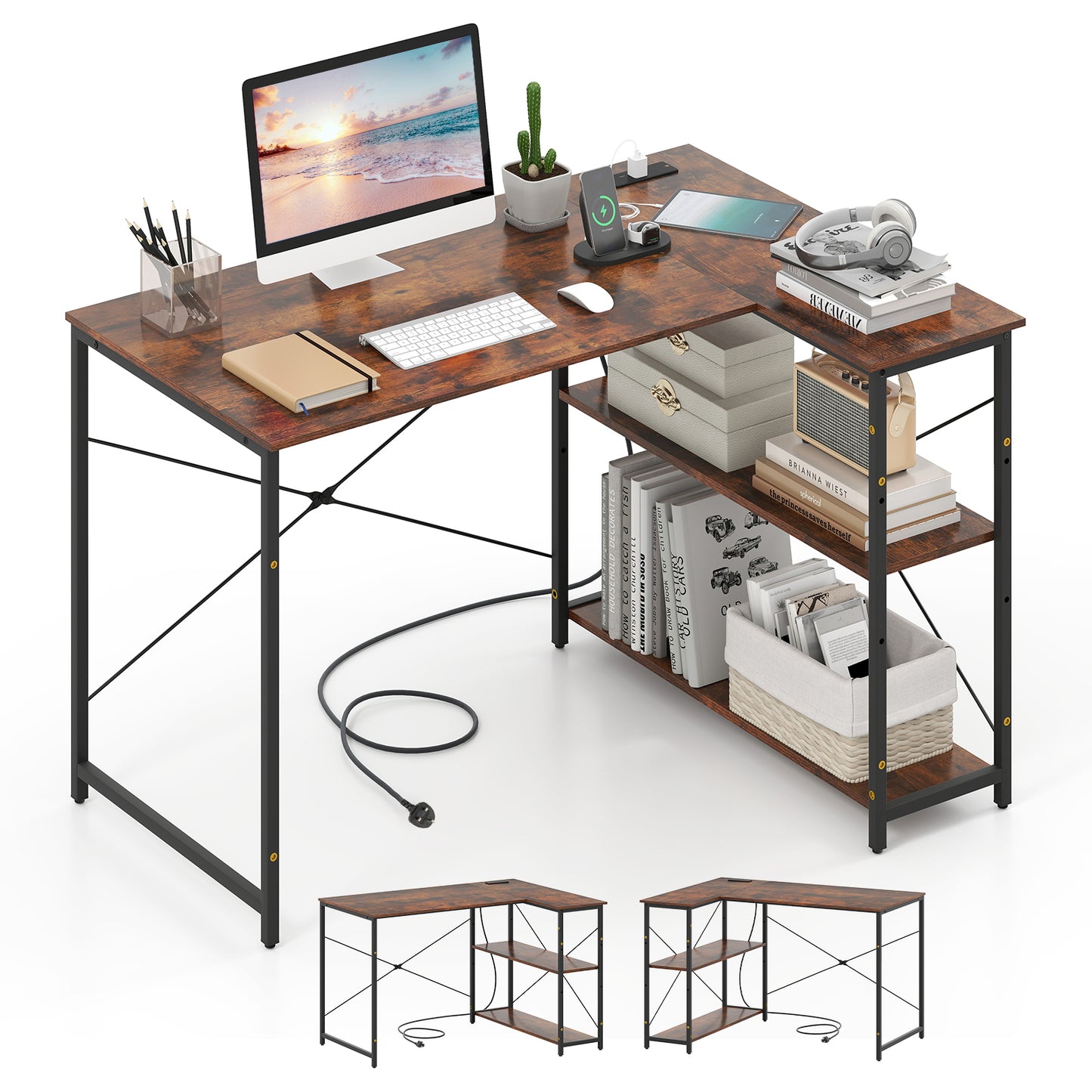 L-shaped Desk with Power Outlet with Reversible Adjustable Storage Shelves-Black