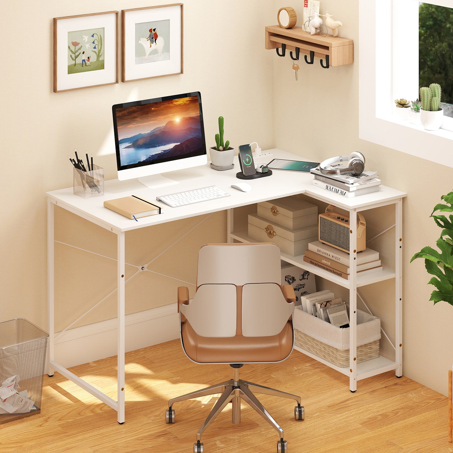 L-shaped Desk with Power Outlet with Reversible Adjustable Storage Shelves-Black