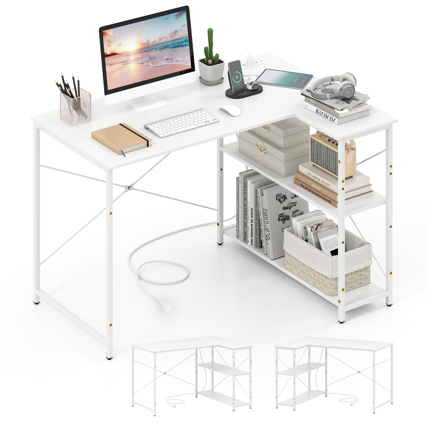 L-shaped Desk with Power Outlet with Reversible Adjustable Storage Shelves-Black