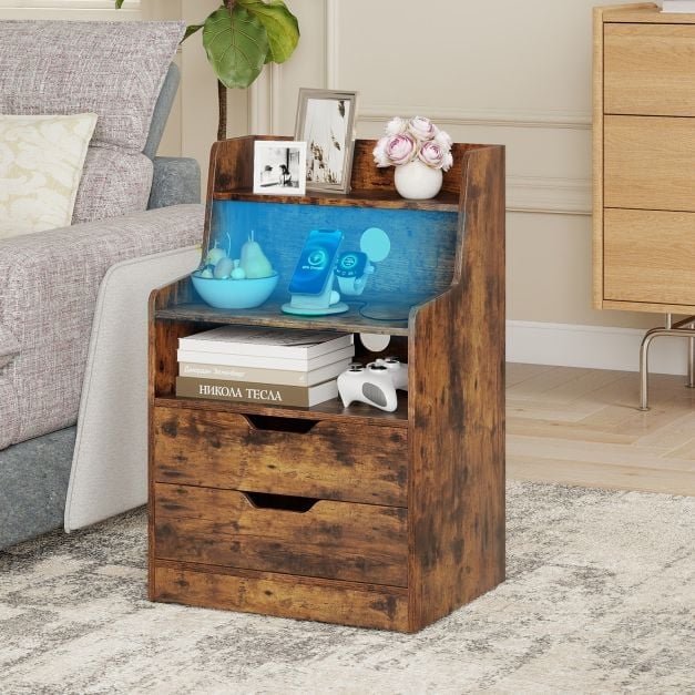 LED Nightstand with Charging Station 2-Drawer Bedside Table with Open Shelf Set of 2-Black