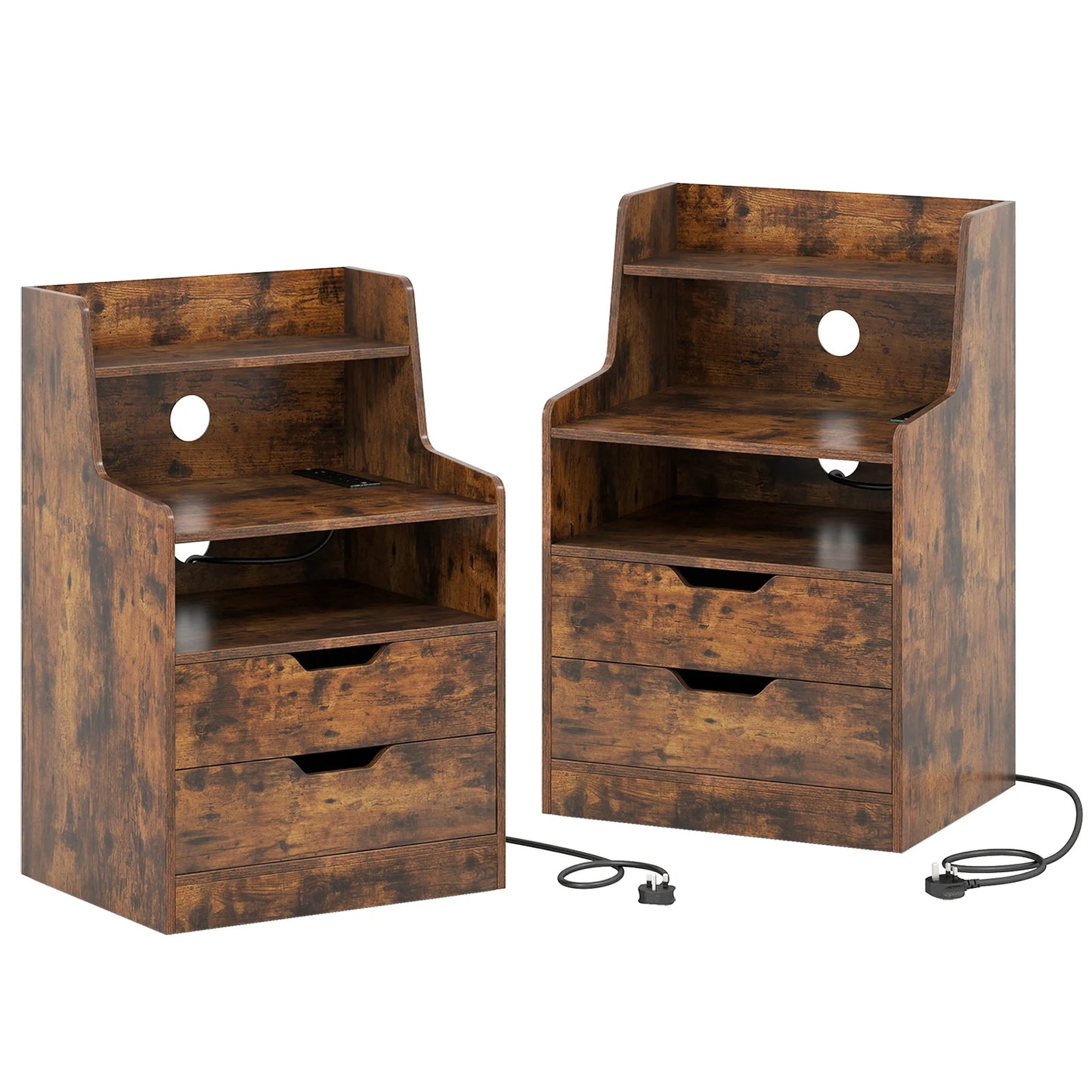LED Nightstand with Charging Station 2-Drawer Bedside Table with Open Shelf Set of 2-Black