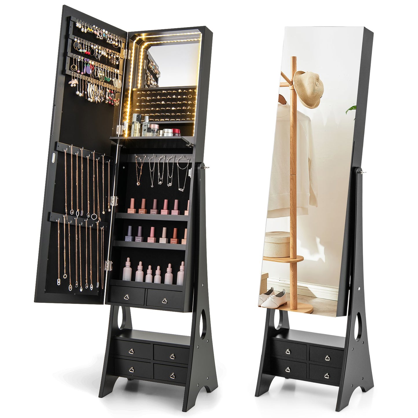 3-Color LED Lighted Jewelry Cabinet with Full-Length Mirror and Adjustable Tilt Angles-Black