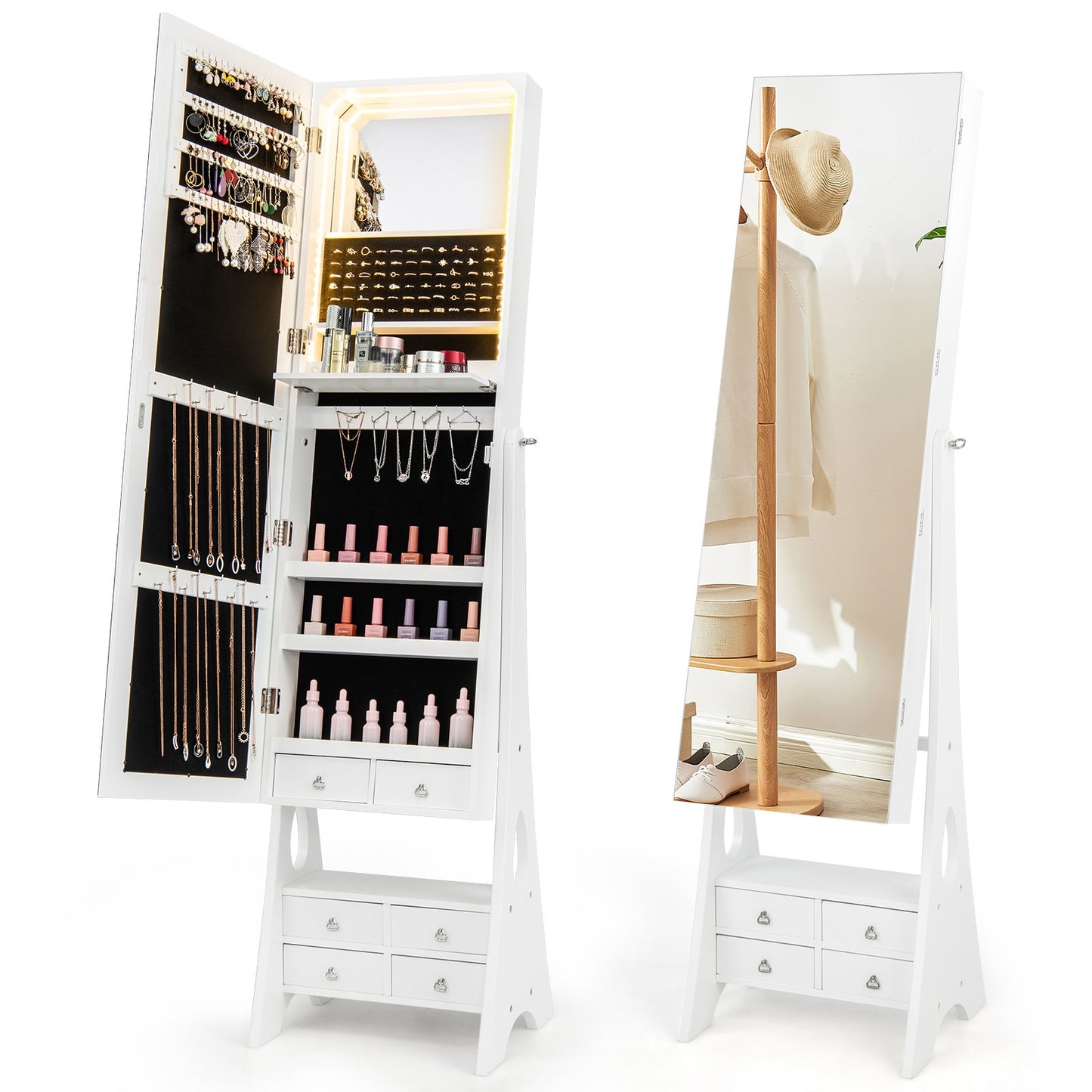 3-Color LED Lighted Jewelry Cabinet with Full-Length Mirror and Adjustable Tilt Angles-Black