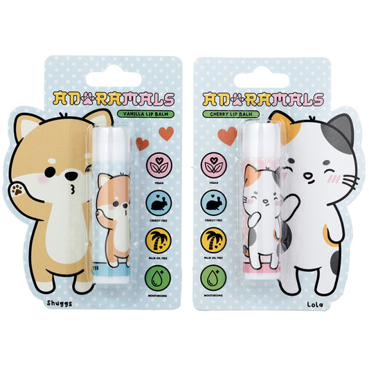 Lola the Cat and Shuggs the Shiba Inu Dog Adoramals Stick Lip Balm - Cherry (Lola) Vanilla (Shuggs)
