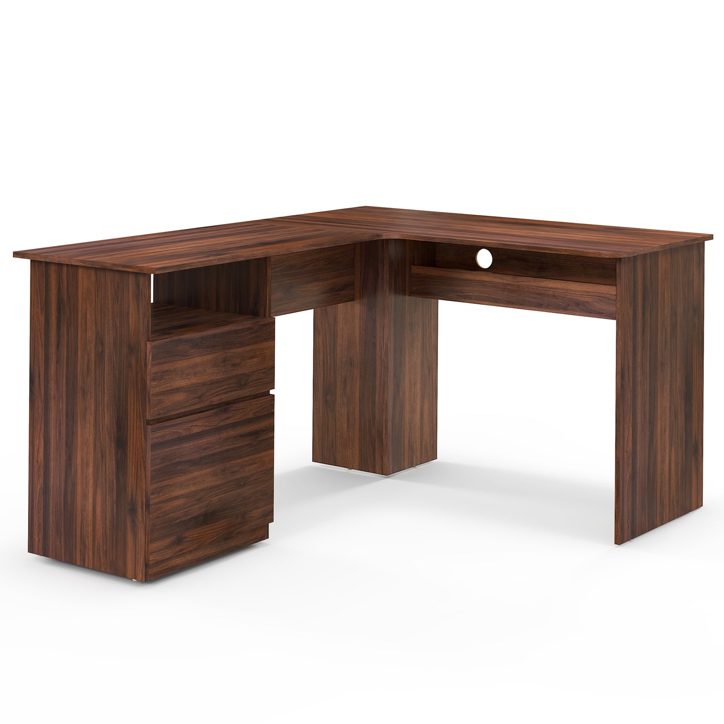 L Shaped Computer Desk with Letter File Drawer and Open Compartment-Walnut