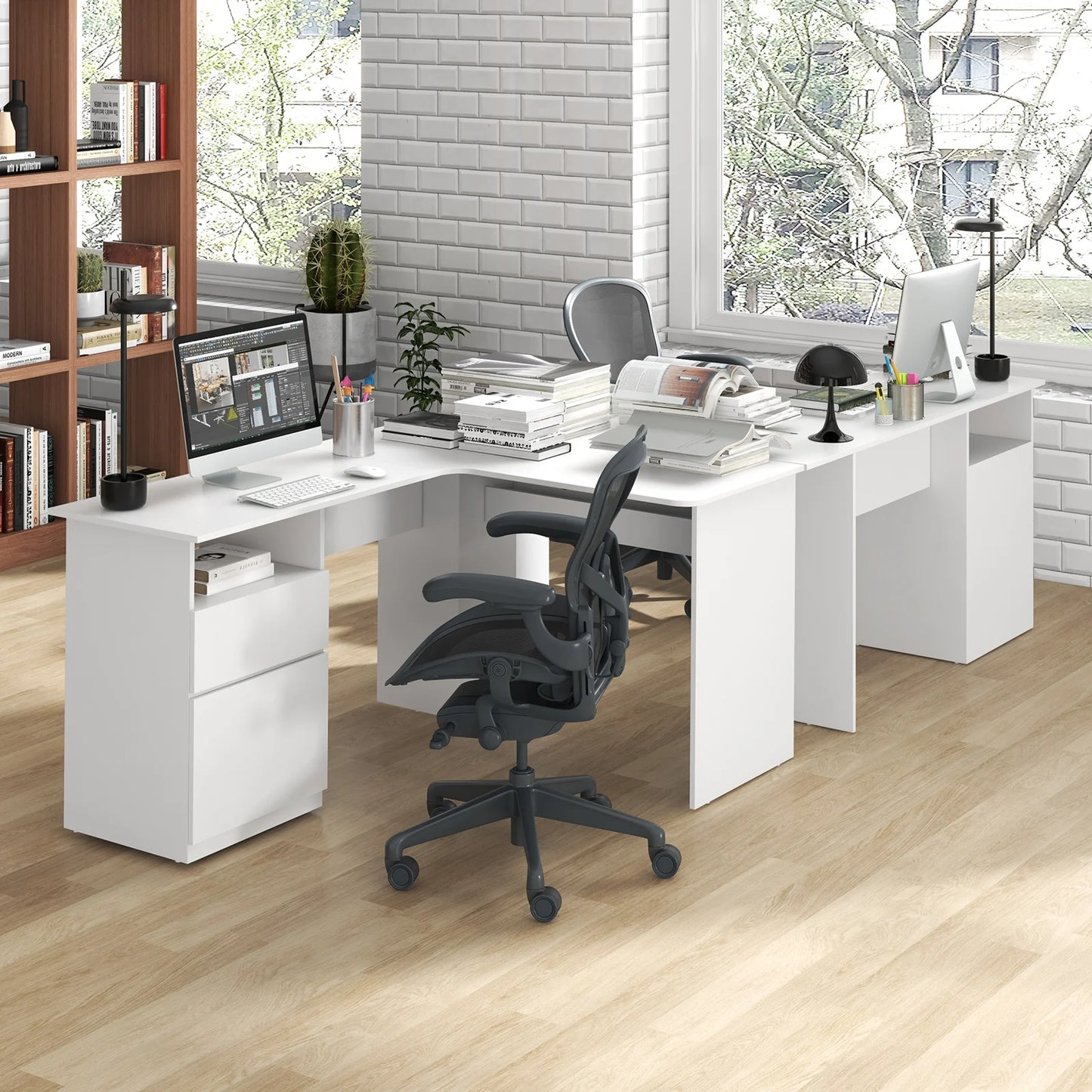L Shaped Computer Desk with Letter File Drawer and Open Compartment-Walnut