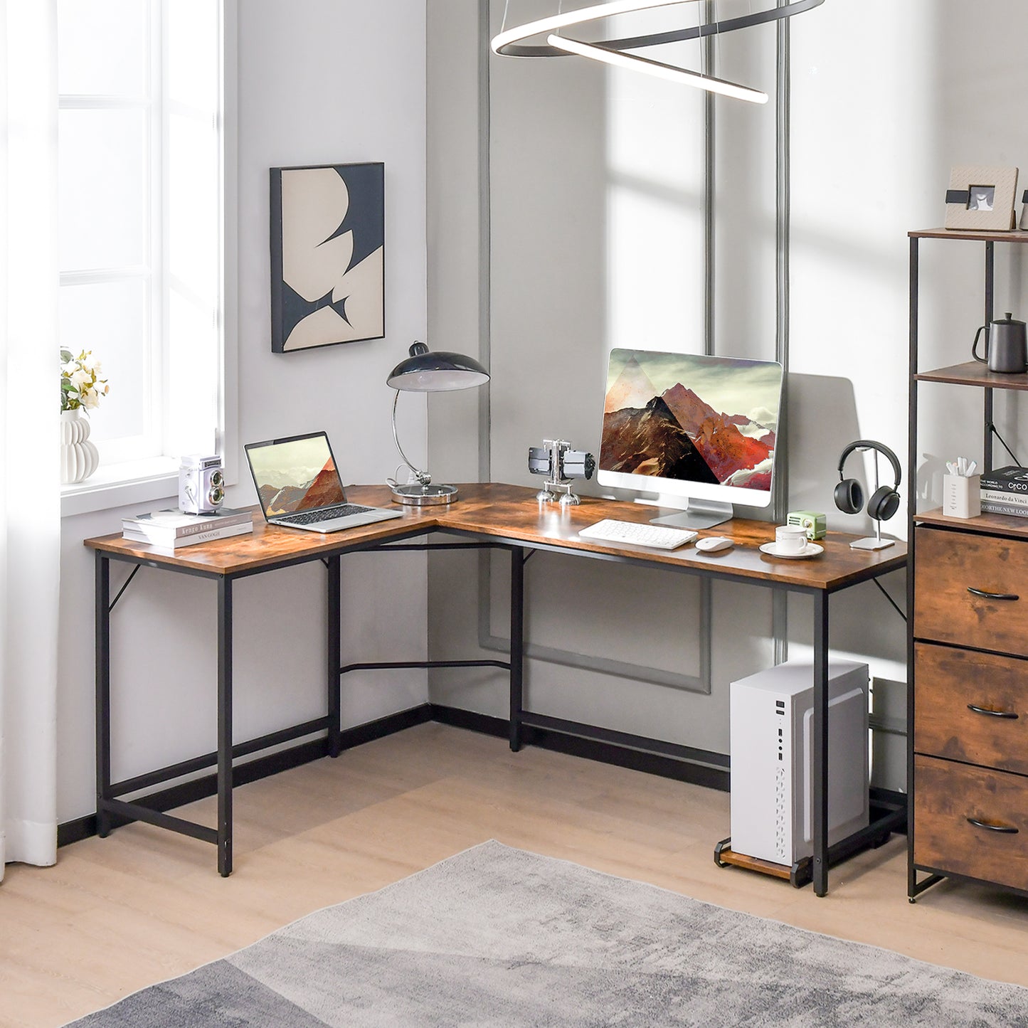 L-Shaped Desk with Power Outlet CPU Stand and Heavy-duty Metal Frame-Black