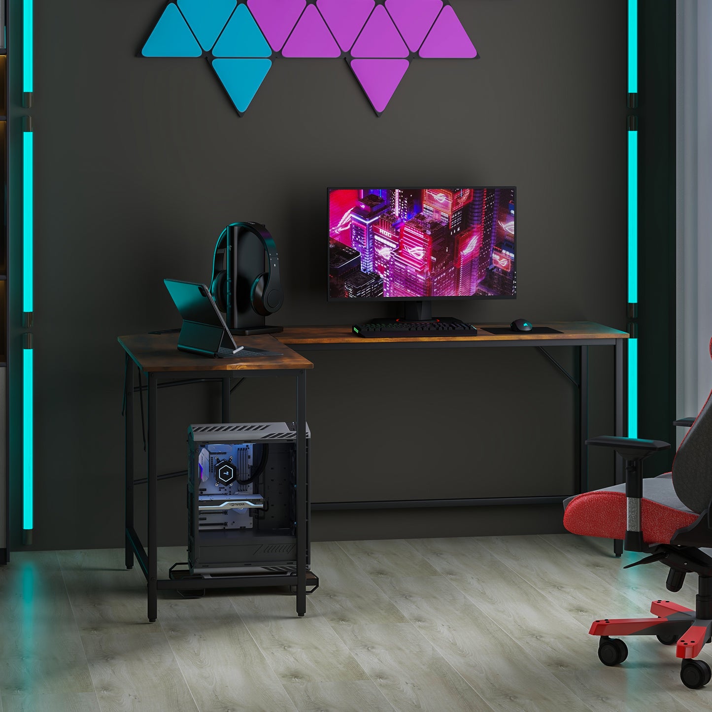 L-Shaped Desk with Power Outlet CPU Stand and Heavy-duty Metal Frame-Black