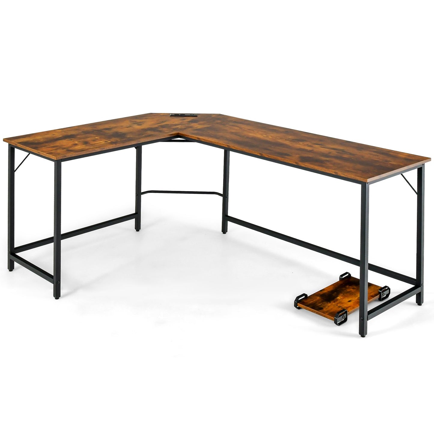 L-Shaped Desk with Power Outlet CPU Stand and Heavy-duty Metal Frame-Black