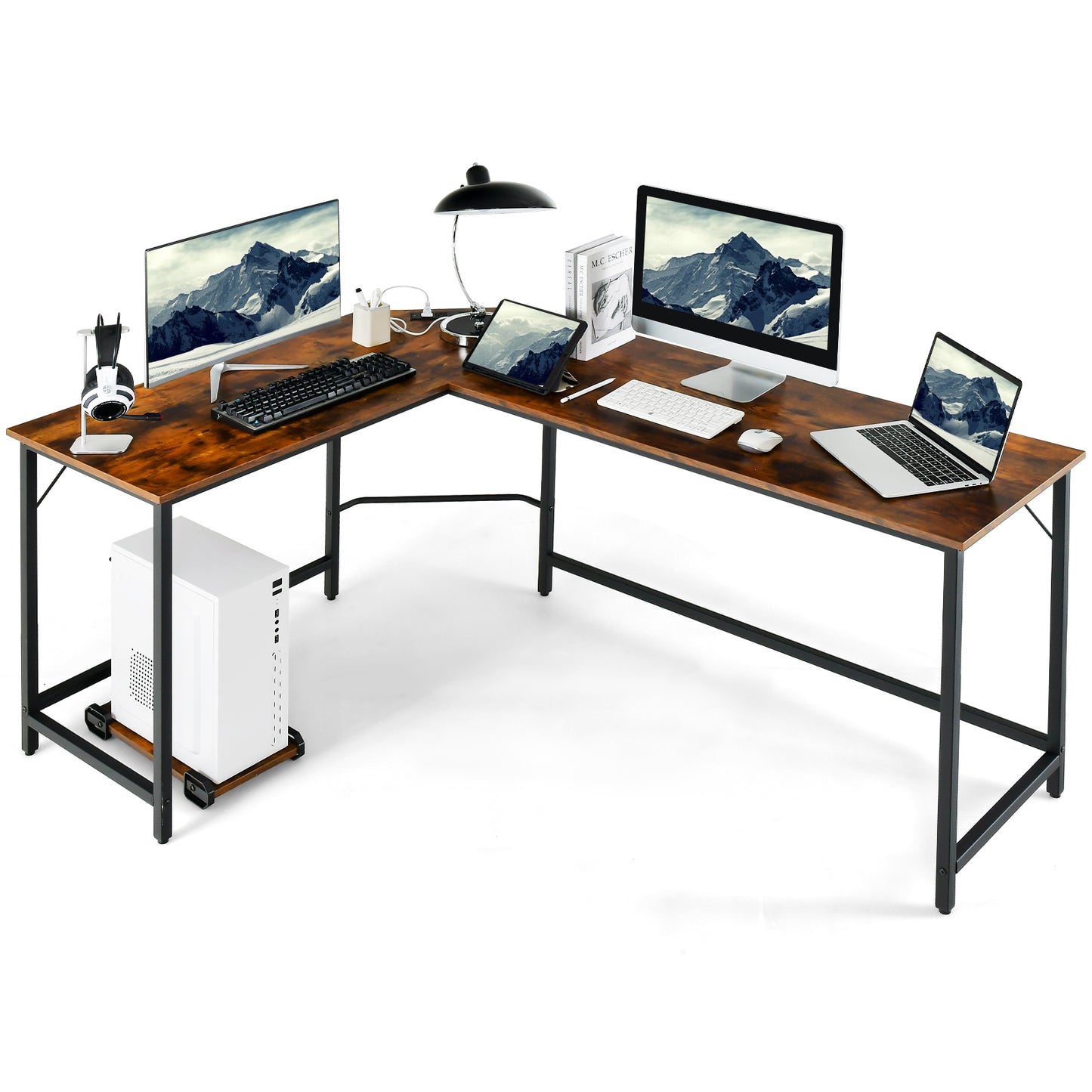 L-Shaped Desk with Power Outlet CPU Stand and Heavy-duty Metal Frame-Black