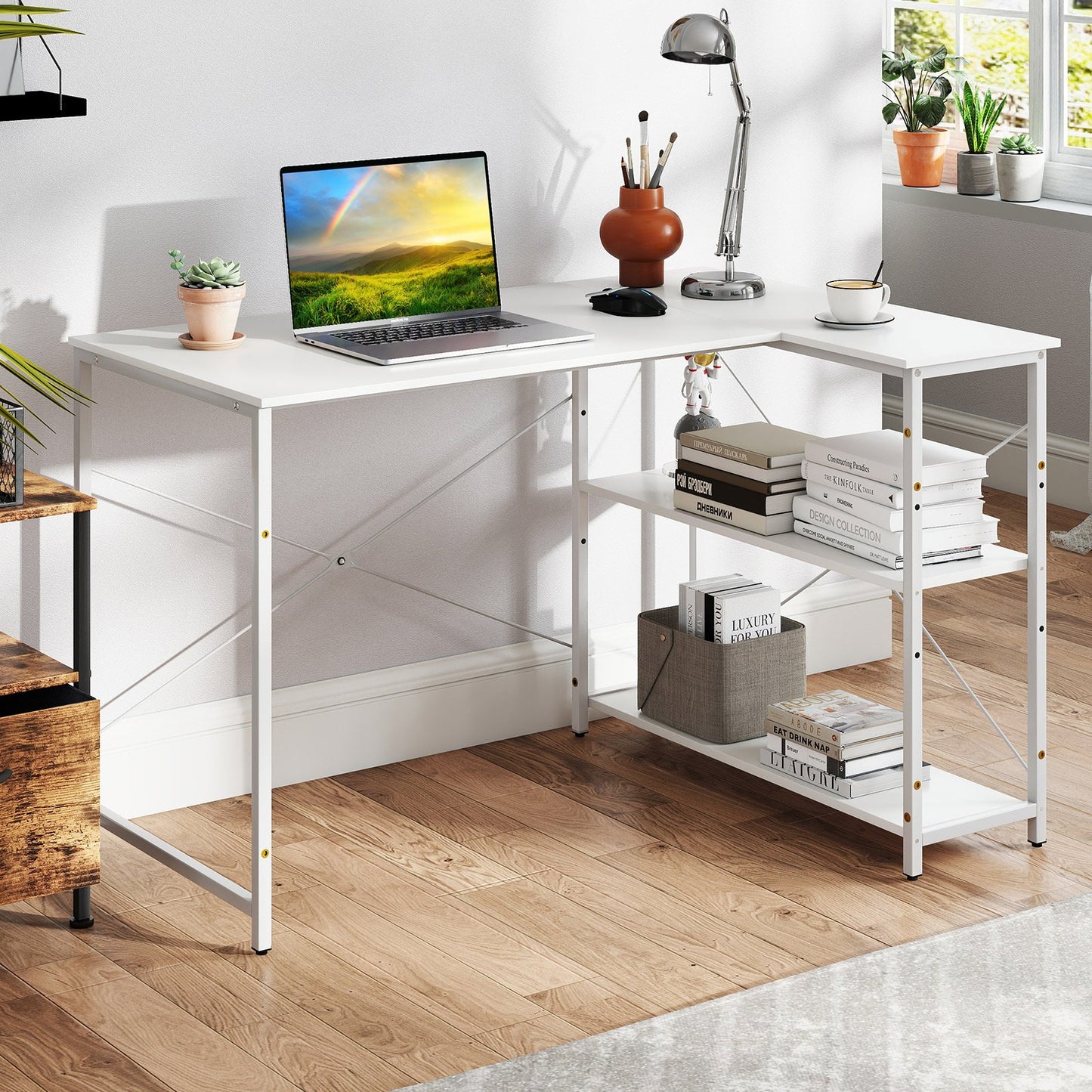 L-shaped Computer Desk Reversible Corner Desk with Adjustable Shelf-White