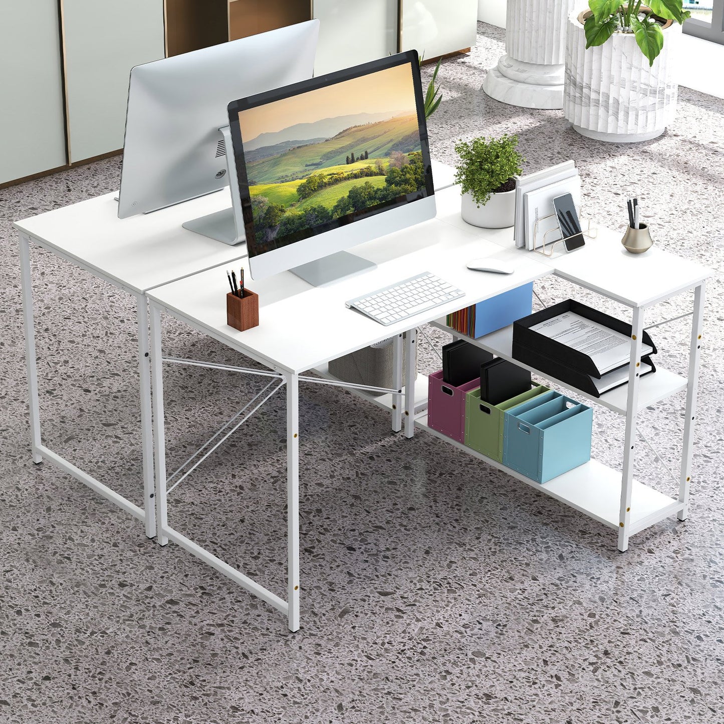 L-shaped Computer Desk Reversible Corner Desk with Adjustable Shelf-White