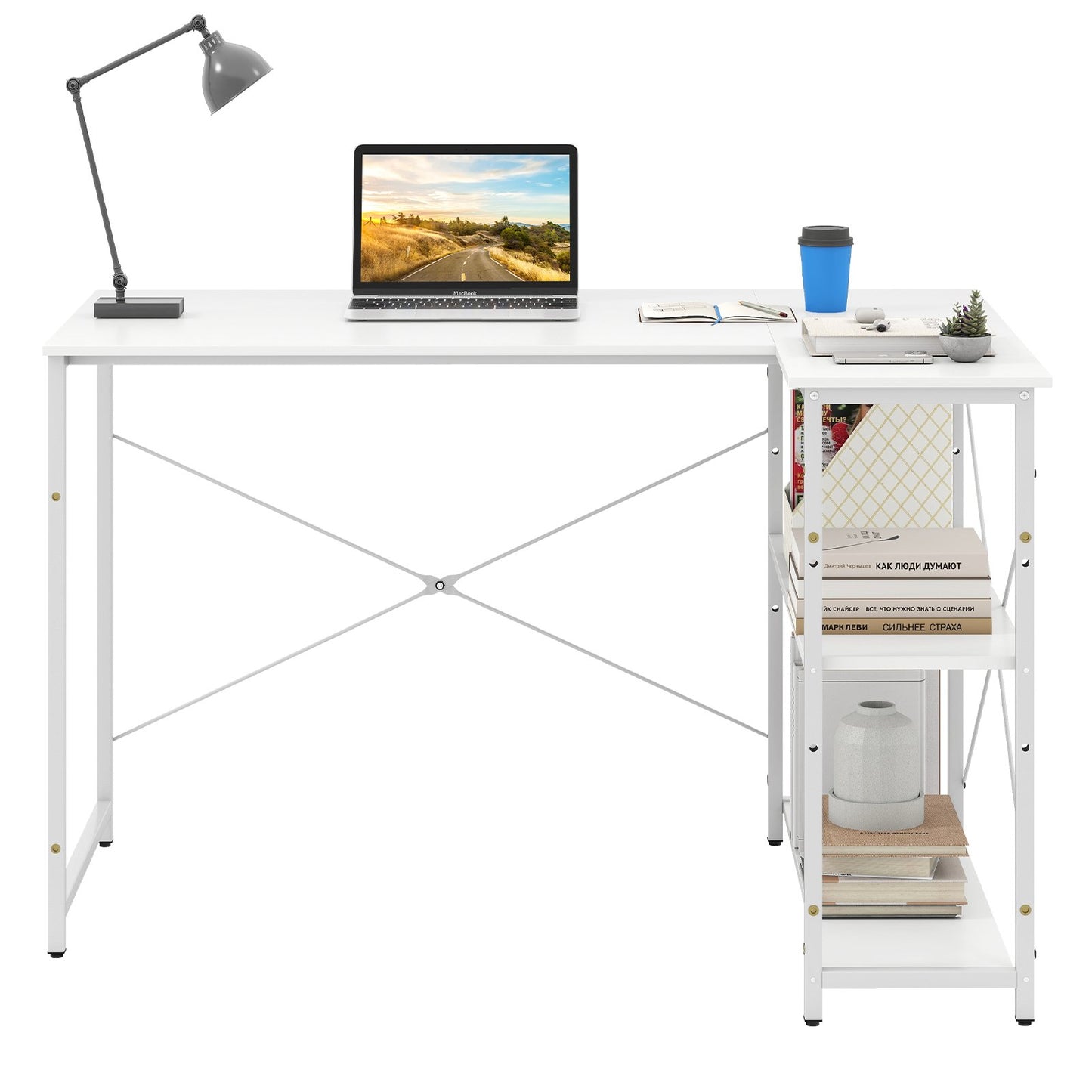 L-shaped Computer Desk Reversible Corner Desk with Adjustable Shelf-White