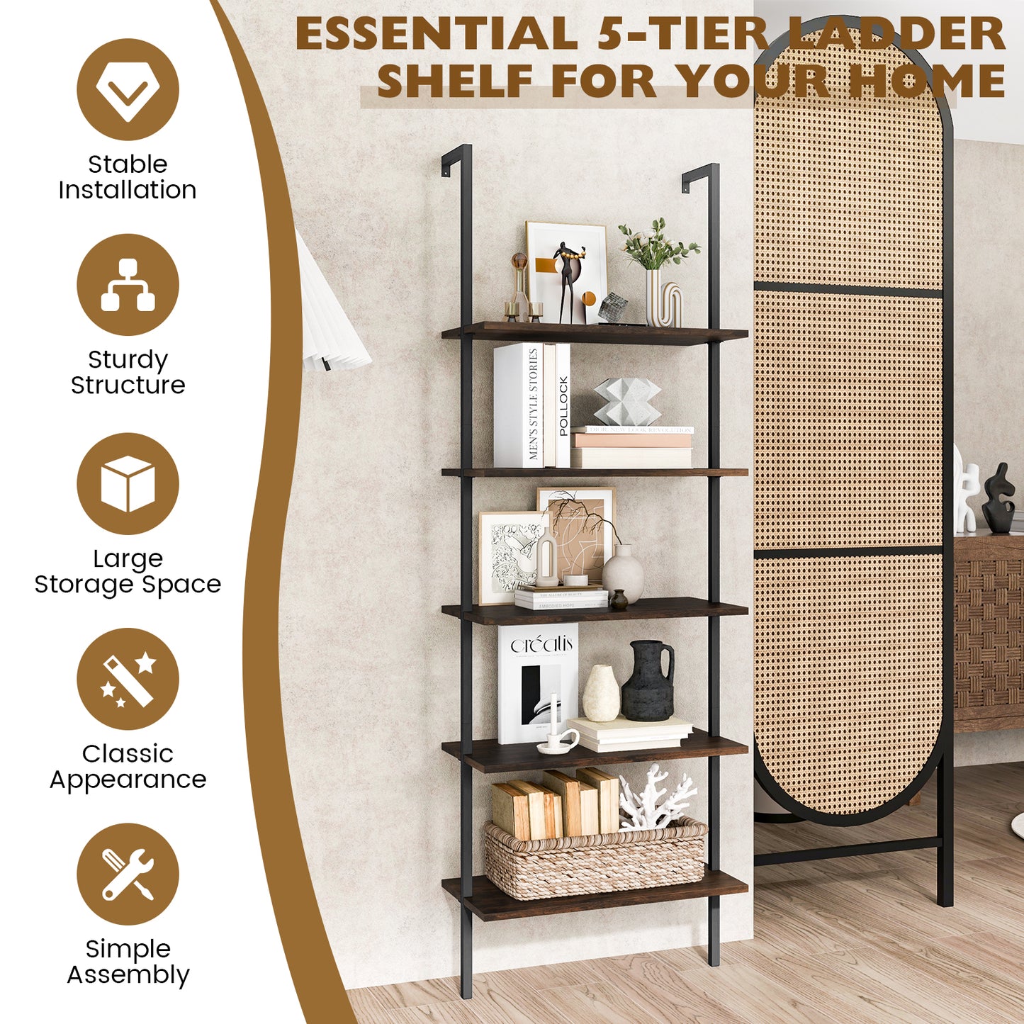 5-Tier Ladder Shelf with Steel Frame for Living Room Bedroom Office-Coffee