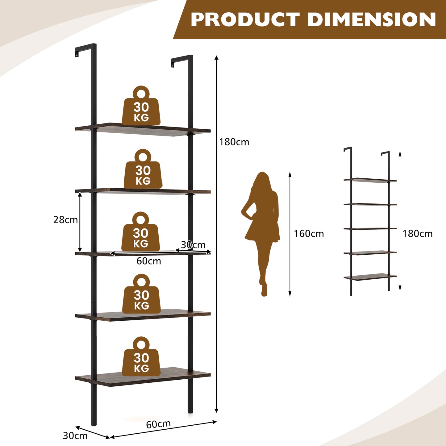 5-Tier Ladder Shelf with Steel Frame for Living Room Bedroom Office-Coffee