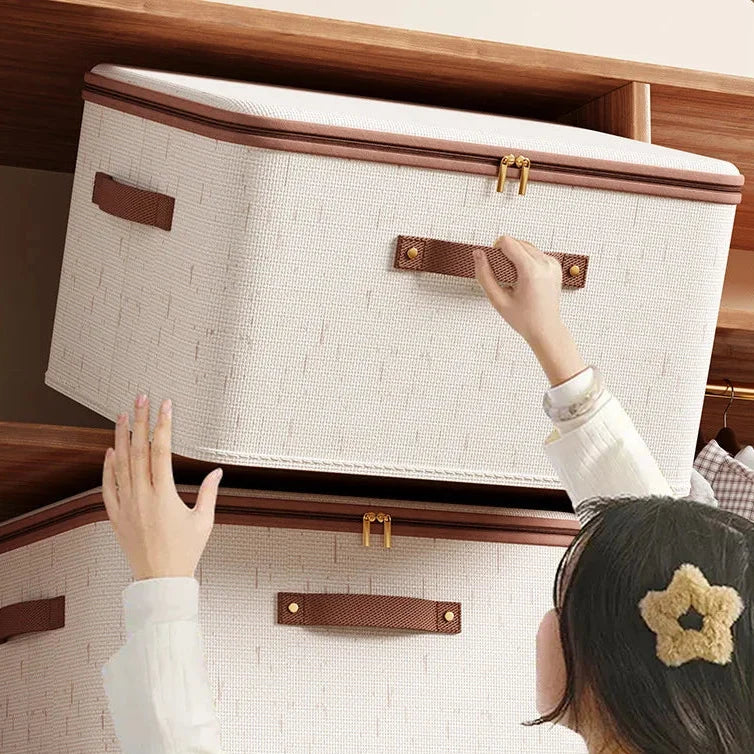 Large Beige Storage Box with Lid Heavy Duty Zip Organiser Clothes Toys Blankets