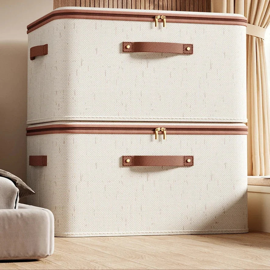 Large Beige Storage Box with Lid Heavy Duty Zip Organiser Clothes Toys Blankets