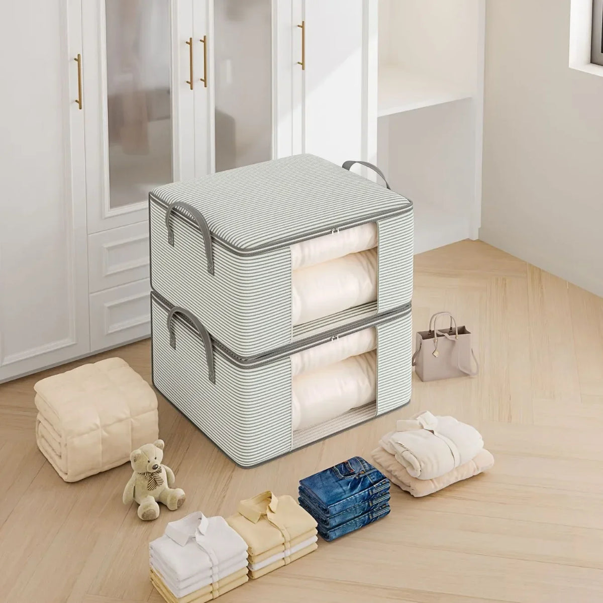 Large Thickened Beige/Grey Clothes & Quilt Storage Bag Foldable Box Organiser