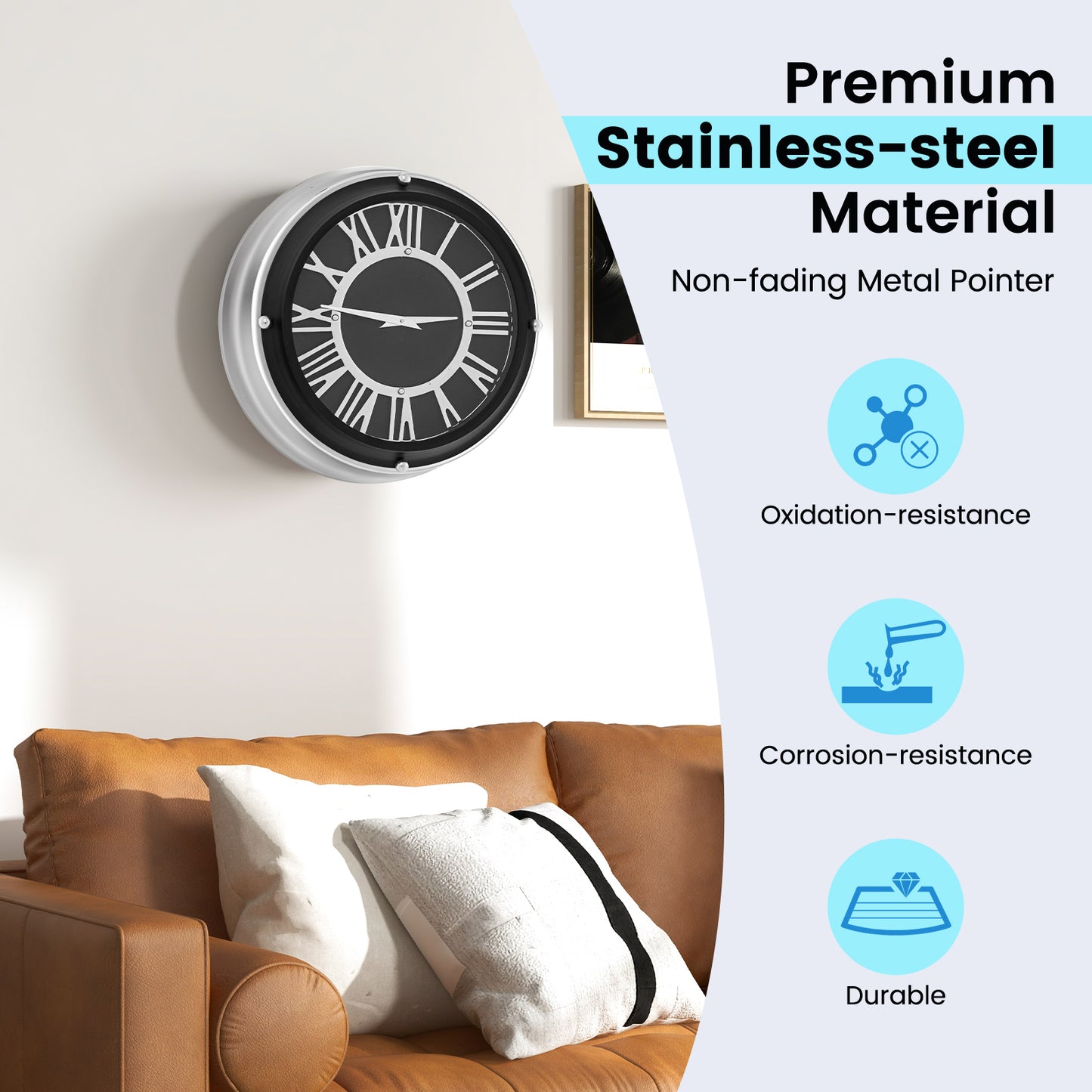 14/17.5 Inch Silent Wall Clock with Silver Frame-L