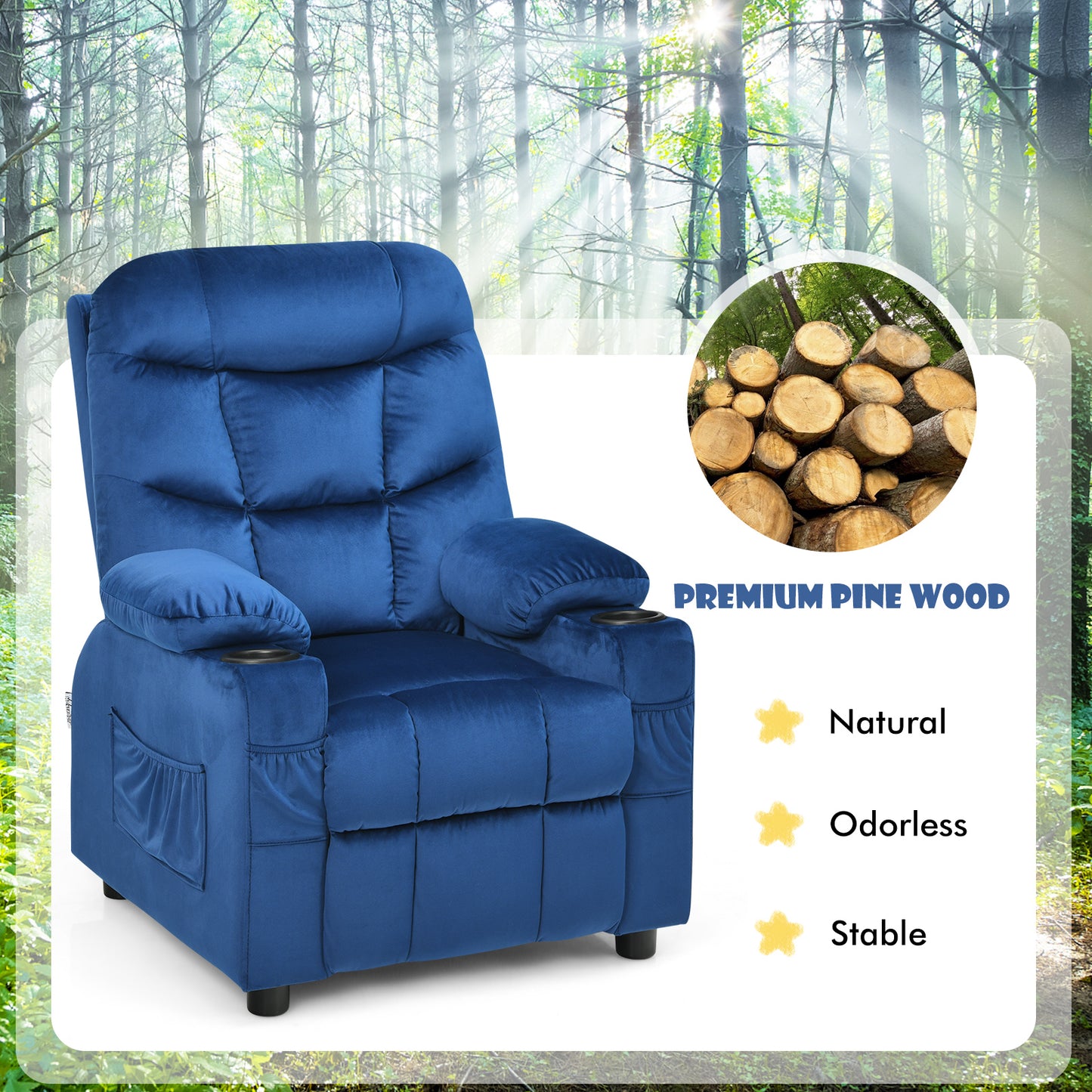 Adjustable Larger Kids Lounge Recliner Chair with 2 Cup Holders-Blue