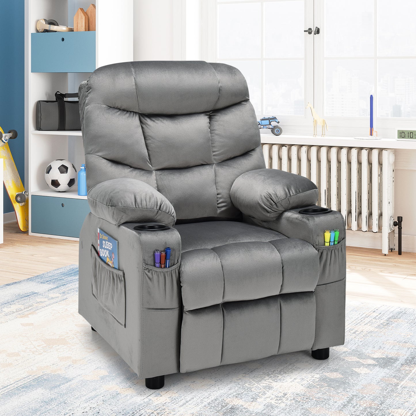 Adjustable Larger Kids Lounge Recliner Chair with 2 Cup Holders-Blue