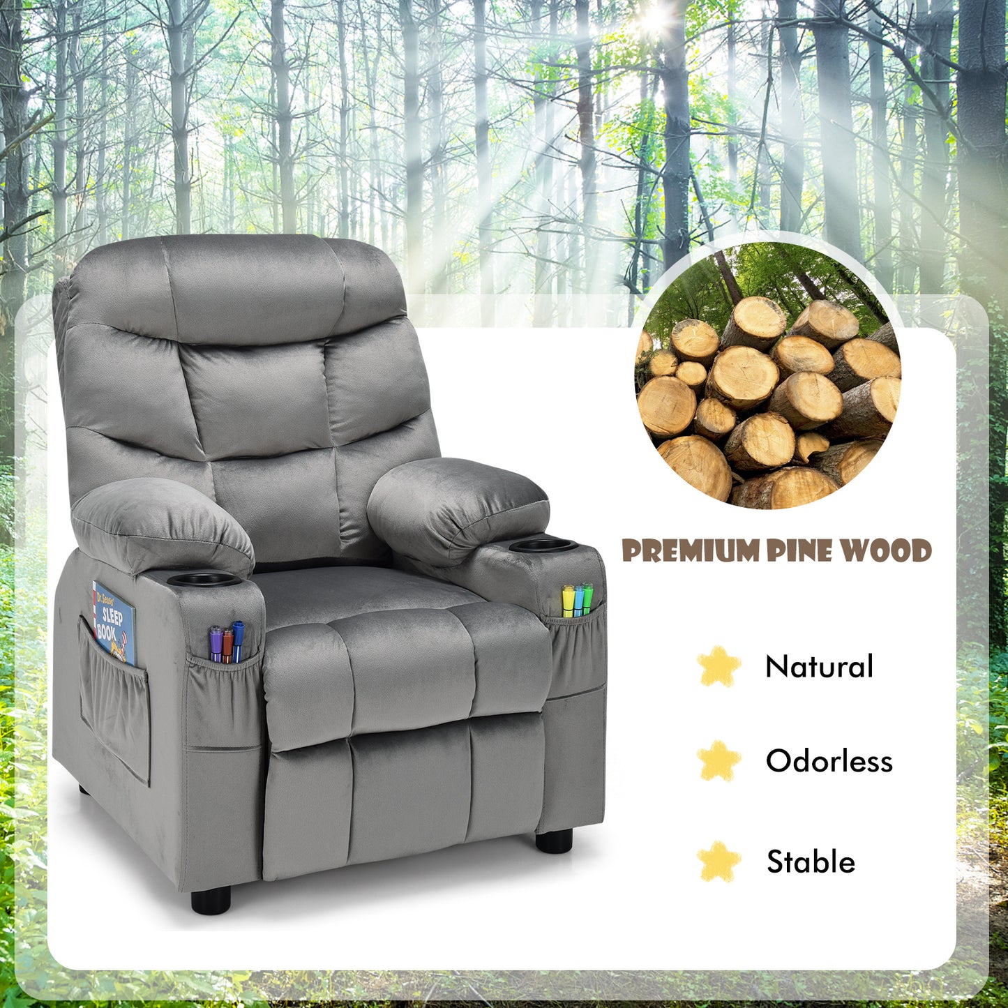 Adjustable Larger Kids Lounge Recliner Chair with 2 Cup Holders-Blue