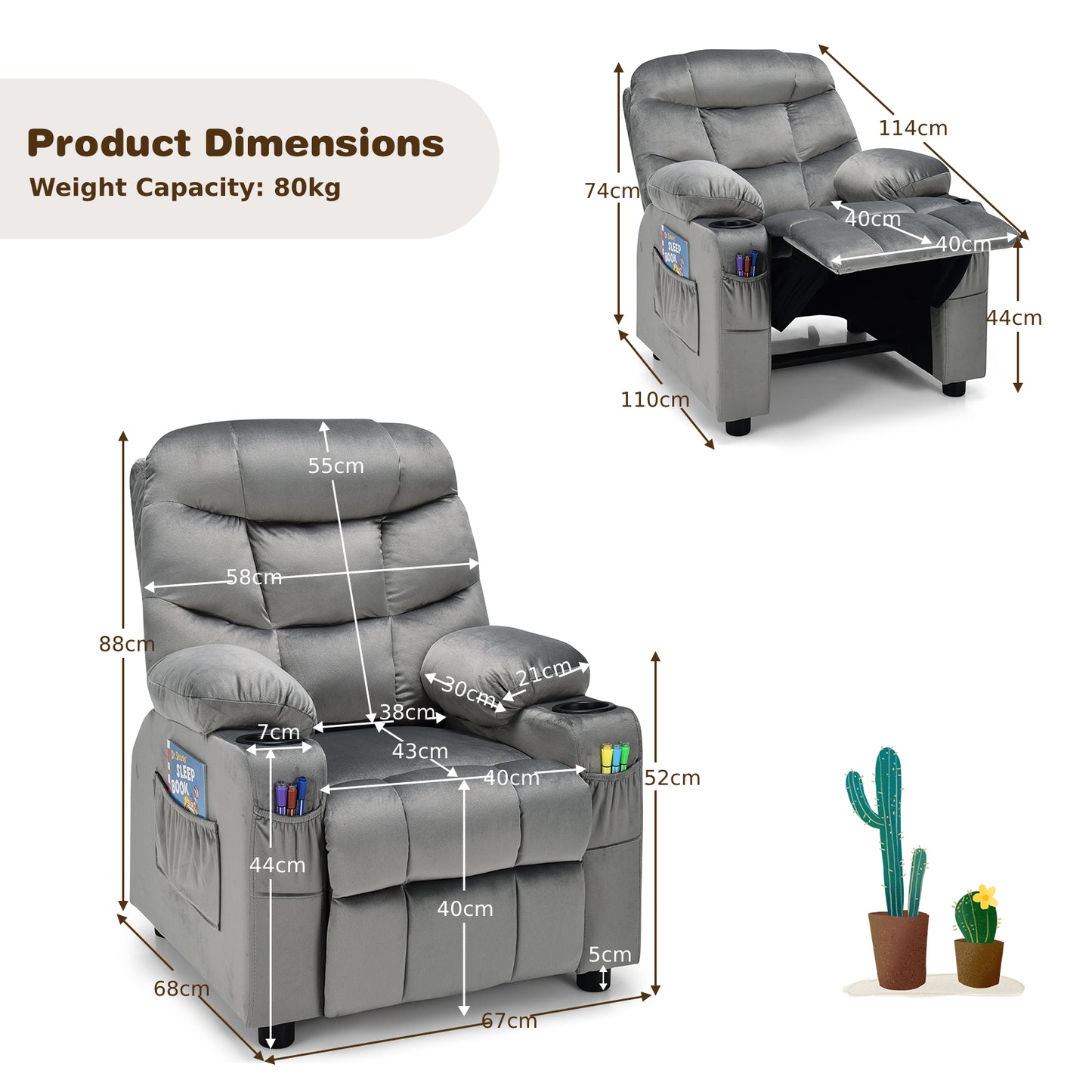 Adjustable Larger Kids Lounge Recliner Chair with 2 Cup Holders-Blue
